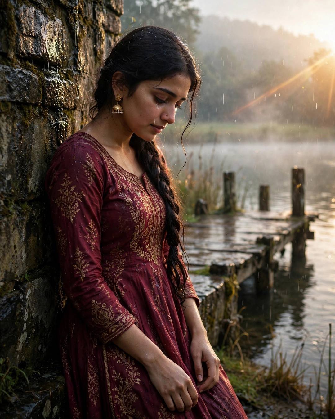 Young Indian woman in maroon anarkali with jhumkas leaning against a stone wall at a lake pier at dawn, tearful smile