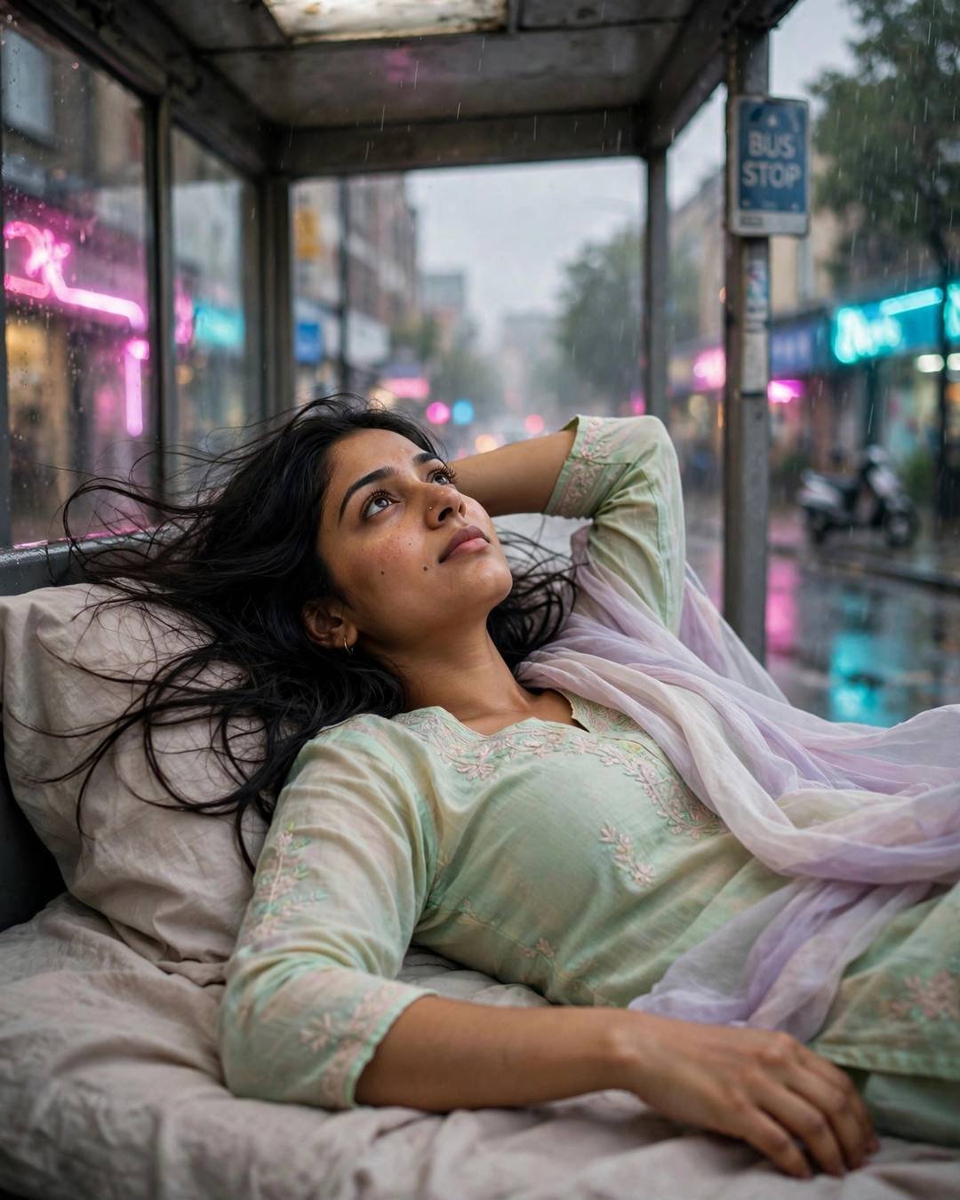 Young Indian woman in pastel salwar-kameez lying on a bed inside a rain-washed bus shelter, neon lights glowing through wet glass