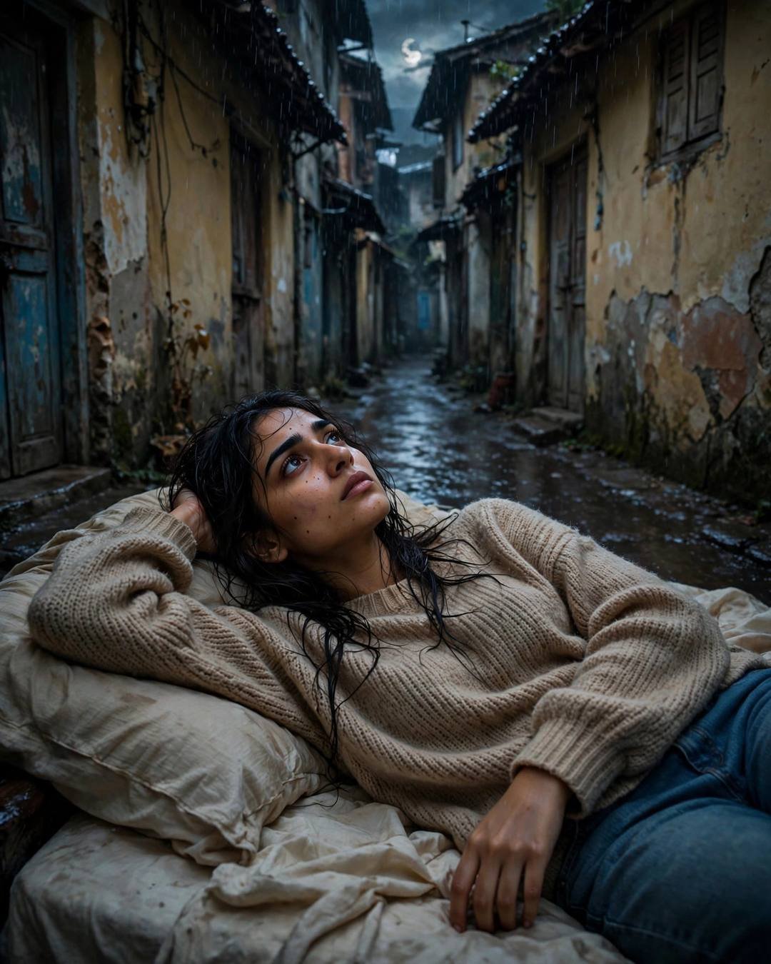 Young Indian woman in beige sweater lying on a bed in a narrow rain-washed old-city lane at midnight, moonlit clouds above