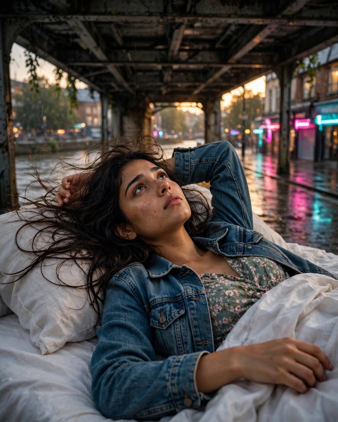 Young Indian woman in denim jacket lying on a bed beneath a bridge over a river, neon lights reflecting on the wet street