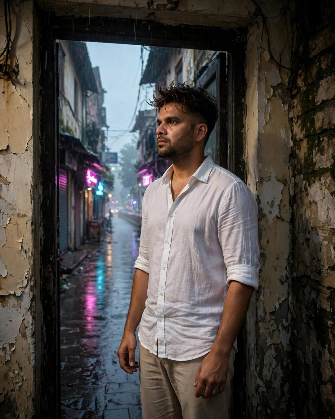 Young Indian man in white linen shirt standing in a doorway with neon signs on a wet old-city lane at dawn