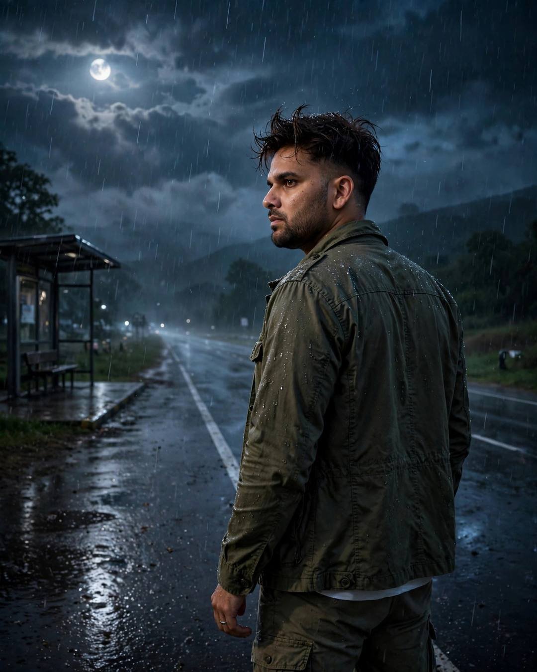 Young Indian man in olive field jacket looking over his shoulder at a bus stop on a rainy midnight highway