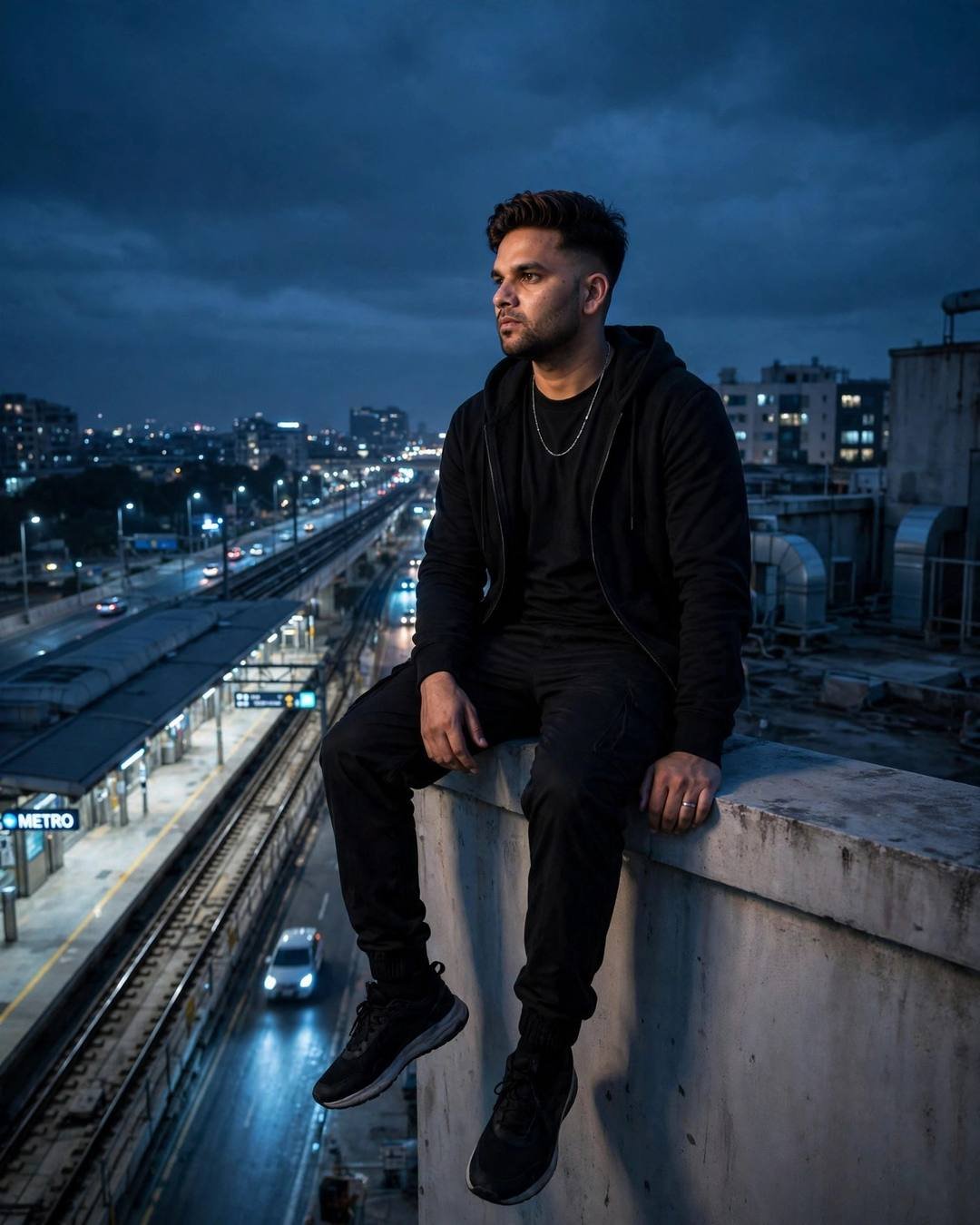 Young Indian man in black streetwear sitting on a rooftop ledge above a midnight metro station