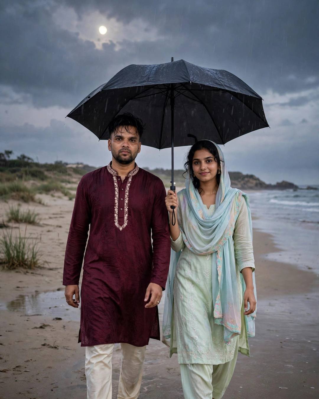 Young couple walking side by side under one umbrella on a deserted beach at dusk, light rain, moon through clouds
