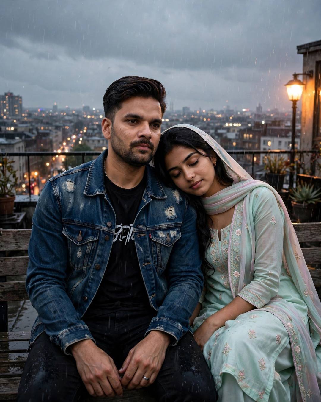 Young couple sitting close on a rooftop bench at night, woman resting her head on the man's shoulder, city lights and drizzle behind them