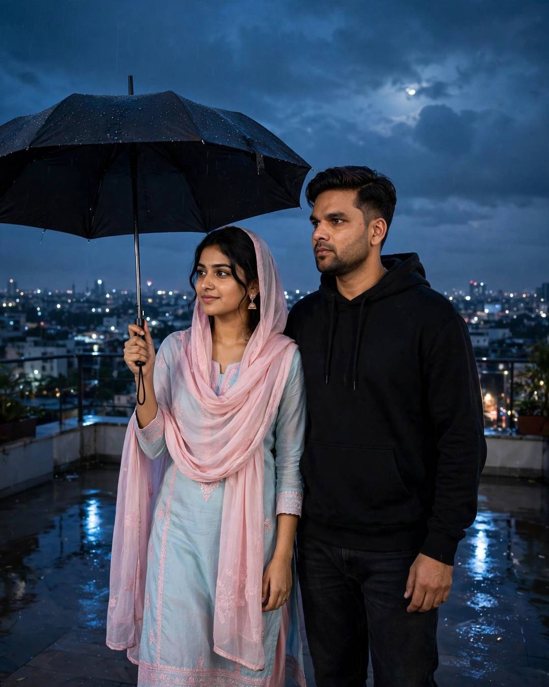 Young couple standing side by side under an umbrella on a wet rooftop at blue hour, city lights below, moonlit clouds above