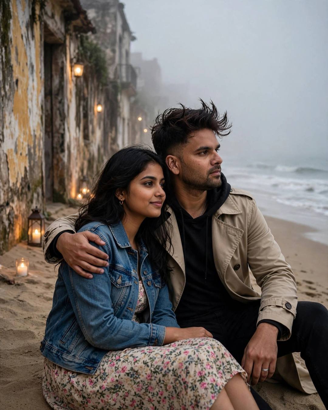 Young couple sitting on sand beside an old city lane, his arm around her, watching waves through dense fog, candles nearby