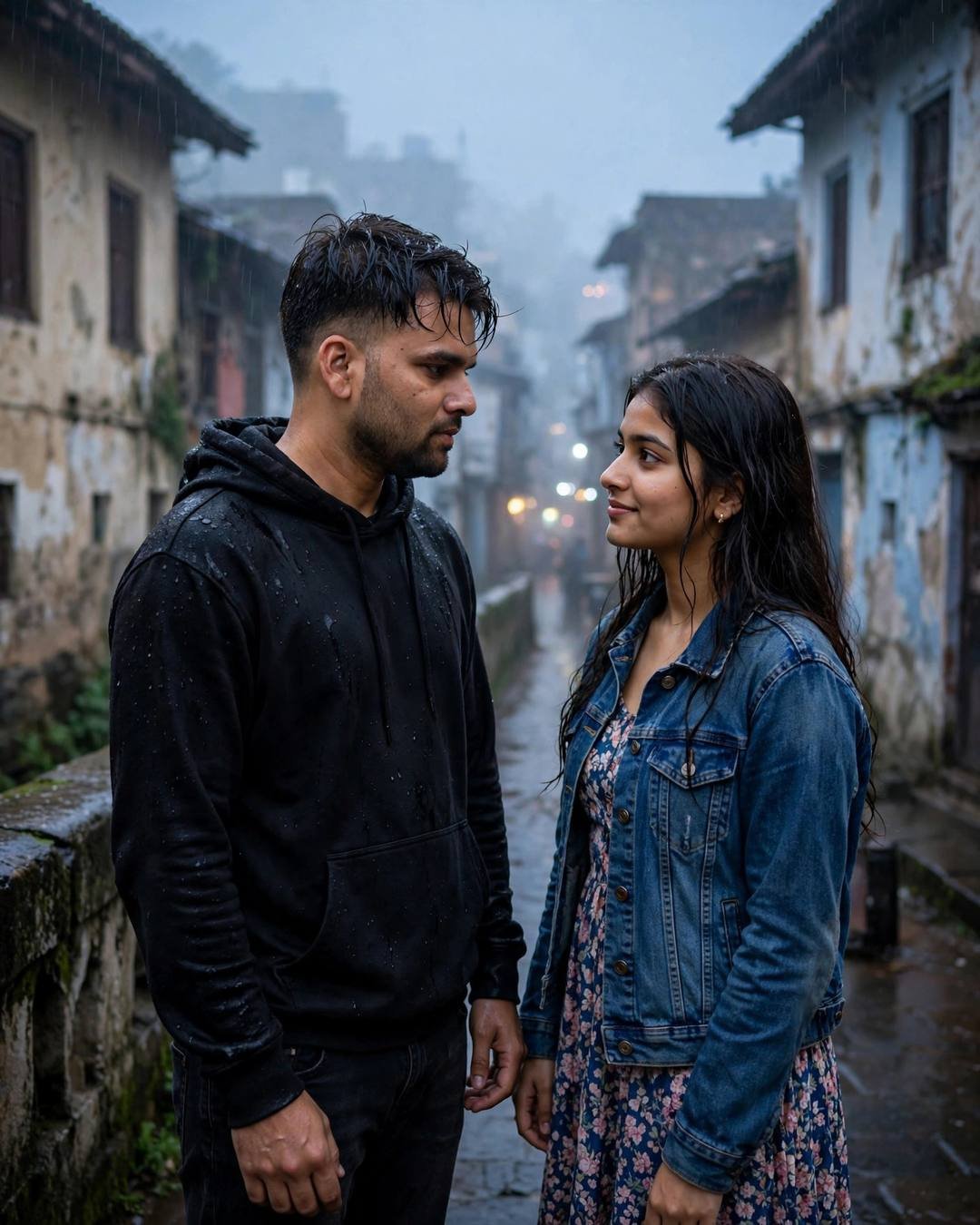 Young couple standing face to face in a narrow rain-wet old-city lane, dense fog, looking into each other's eyes