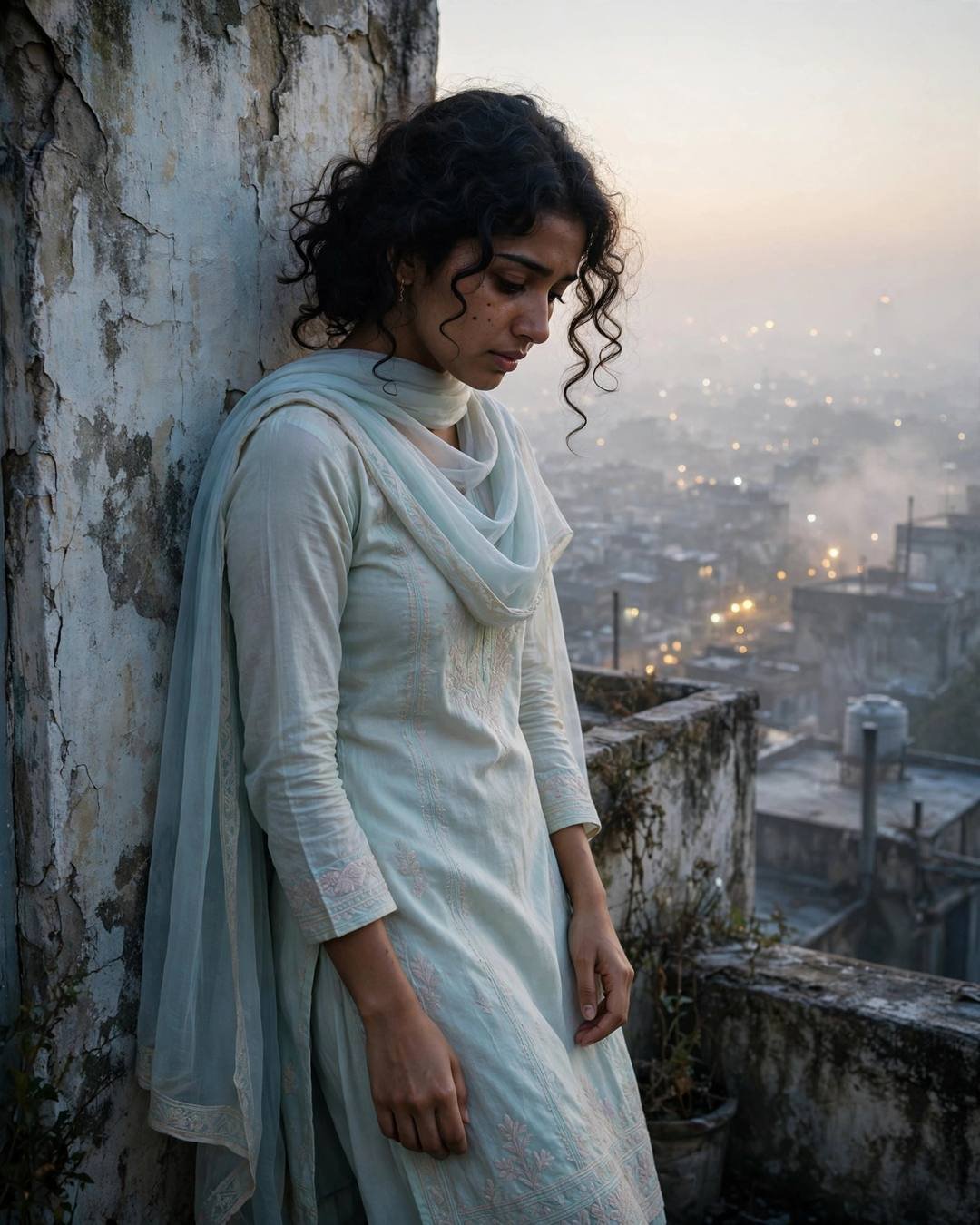 AI portrait of a young Indian woman in a pastel salwar-kameez leaning against a weathered wall on a foggy rooftop at dawn, looking down wistfully