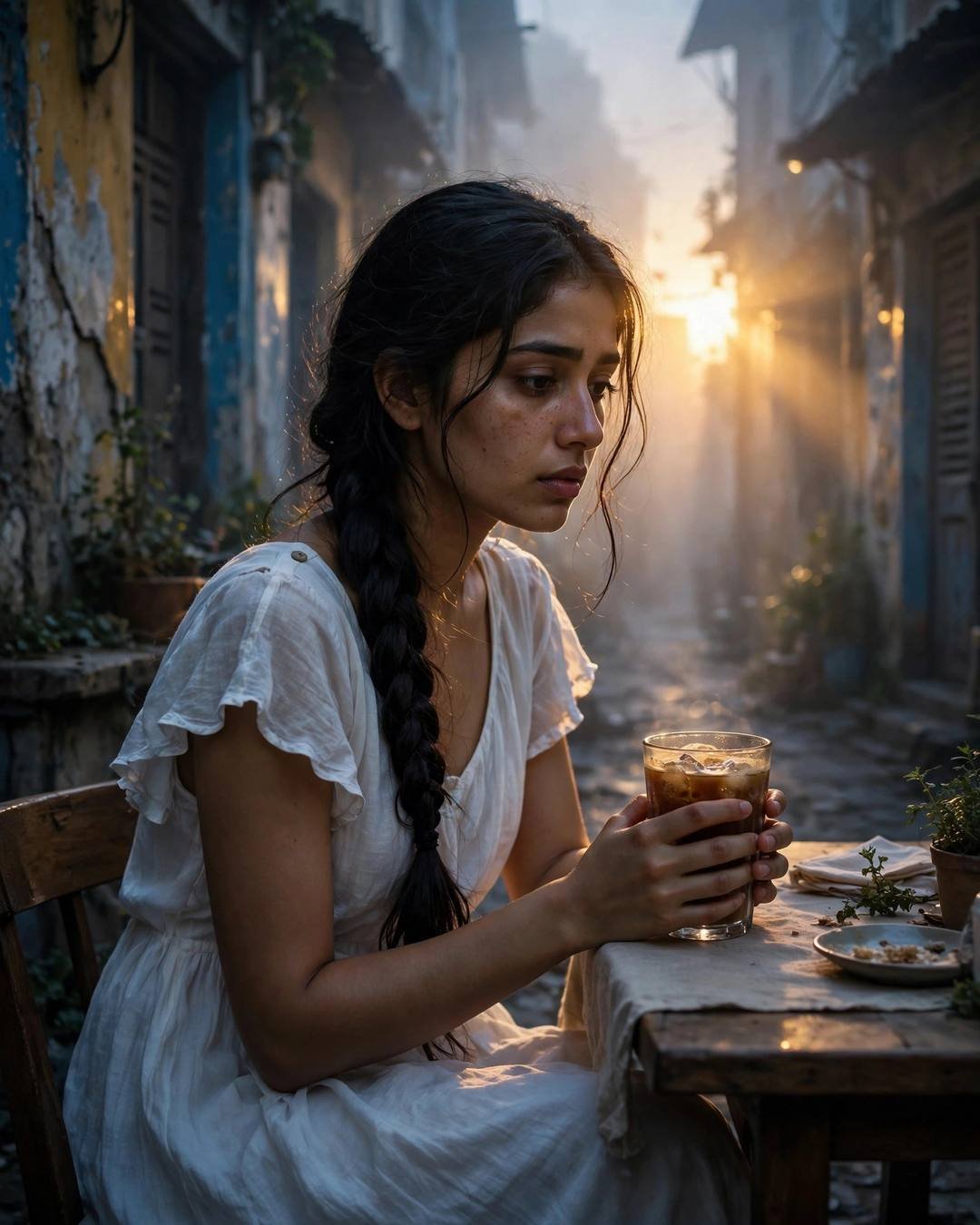 AI portrait of a young Indian woman in a flowing white summer dress with a long braid, sitting at a cafe table cradling a cold coffee in a foggy old-city lane at blue hour