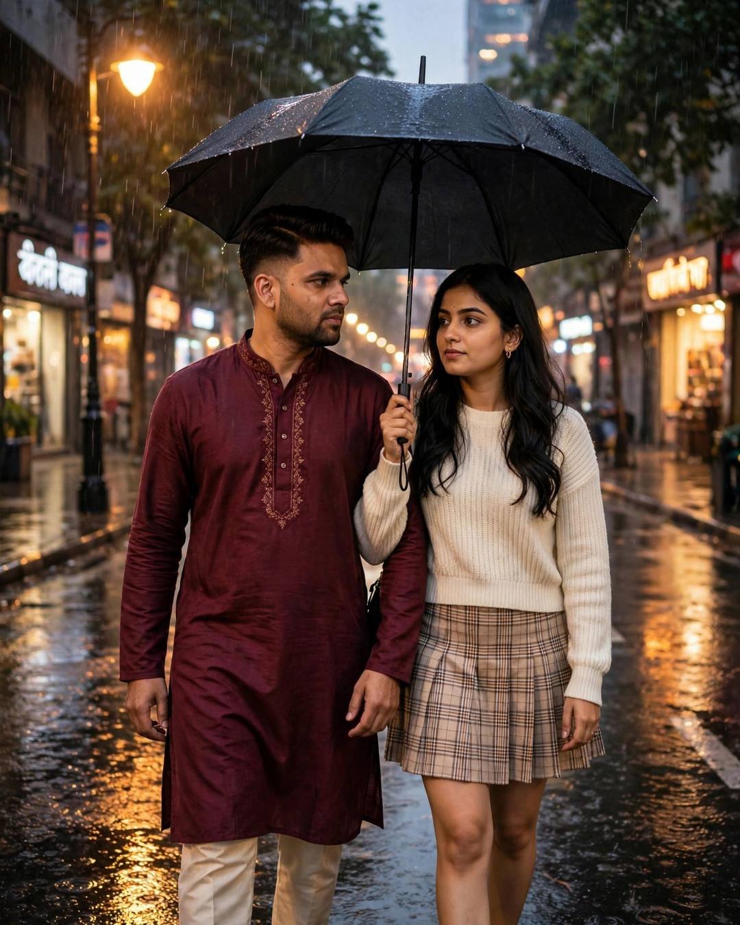 Couple walking side by side under one umbrella on a rain-soaked city street at evening, man in maroon kurta, woman in cream knit top and plaid skirt