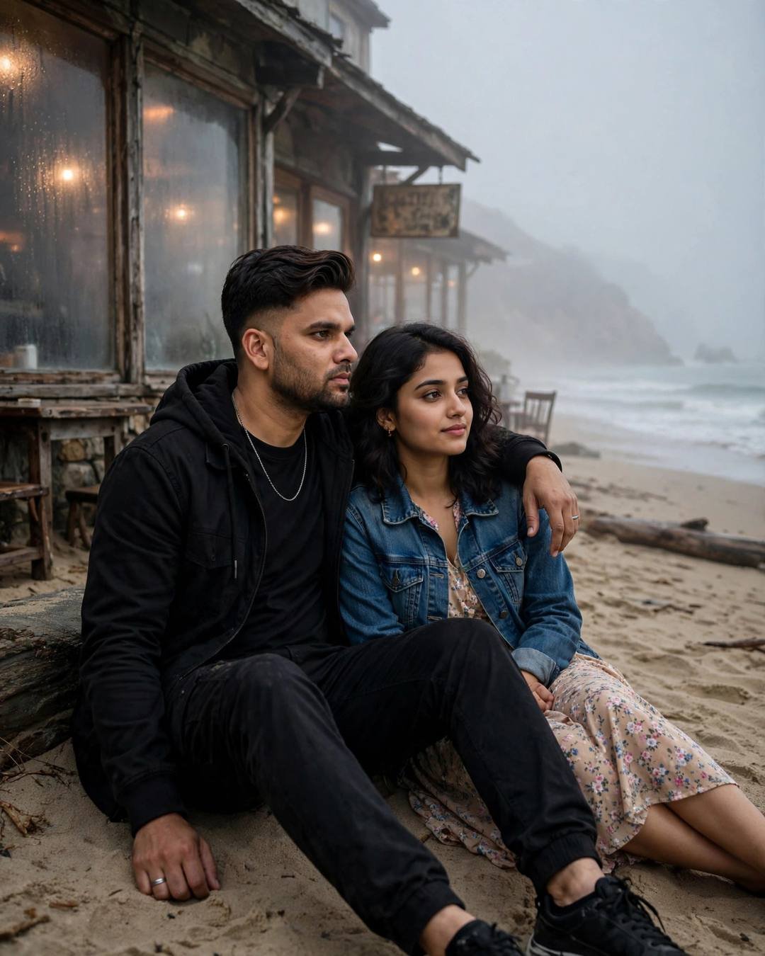 Couple sitting on foggy beach sand in front of old cafe, man in black streetwear with arm around woman in denim jacket