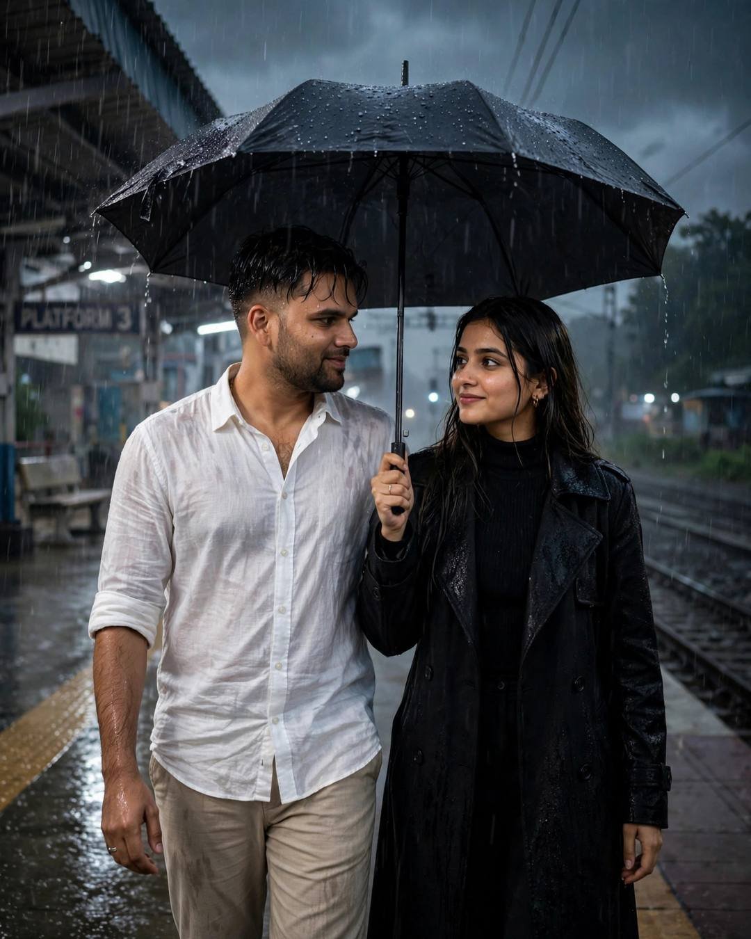 Couple sharing an umbrella on a rainy railway platform at night, man in white linen shirt, woman in black turtleneck and coat