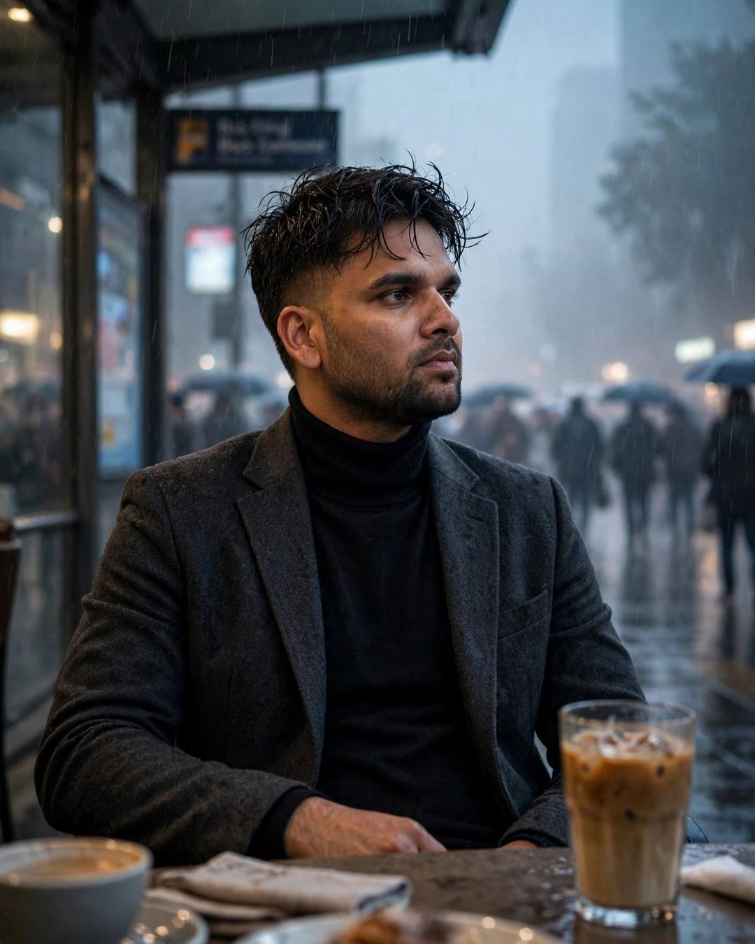 Young Indian man in a charcoal blazer and black turtleneck sitting at a cafe table by a rainy bus stop, lost in thought while a crowd passes with umbrellas