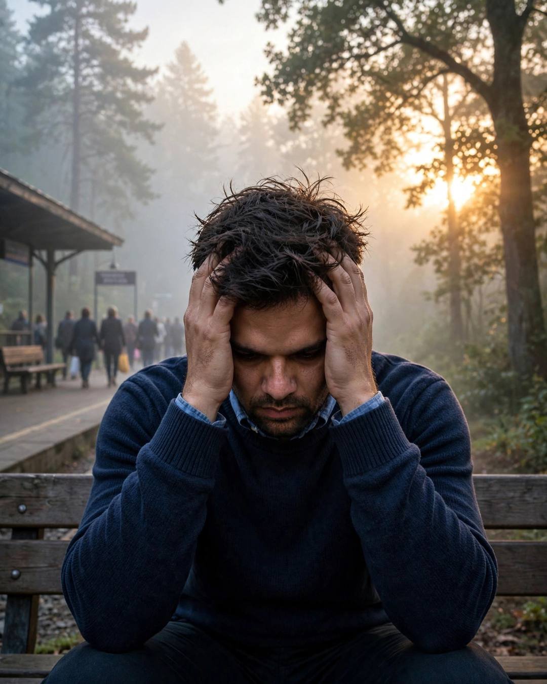 Young Indian man in a navy sweater sitting on a station bench with his head in his hands, dense fog and dawn backlight with a crowd passing behind him