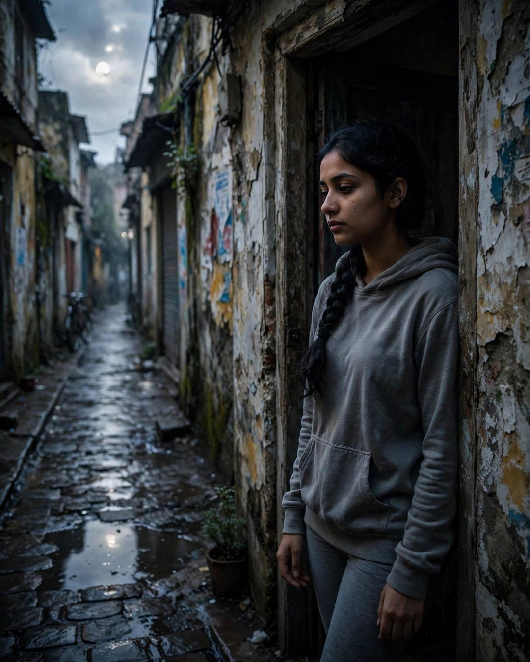 Young Indian woman in a grey hoodie with a long braid standing in a shadowed doorway on a rain-wet narrow old-city lane, gazing out thoughtfully
