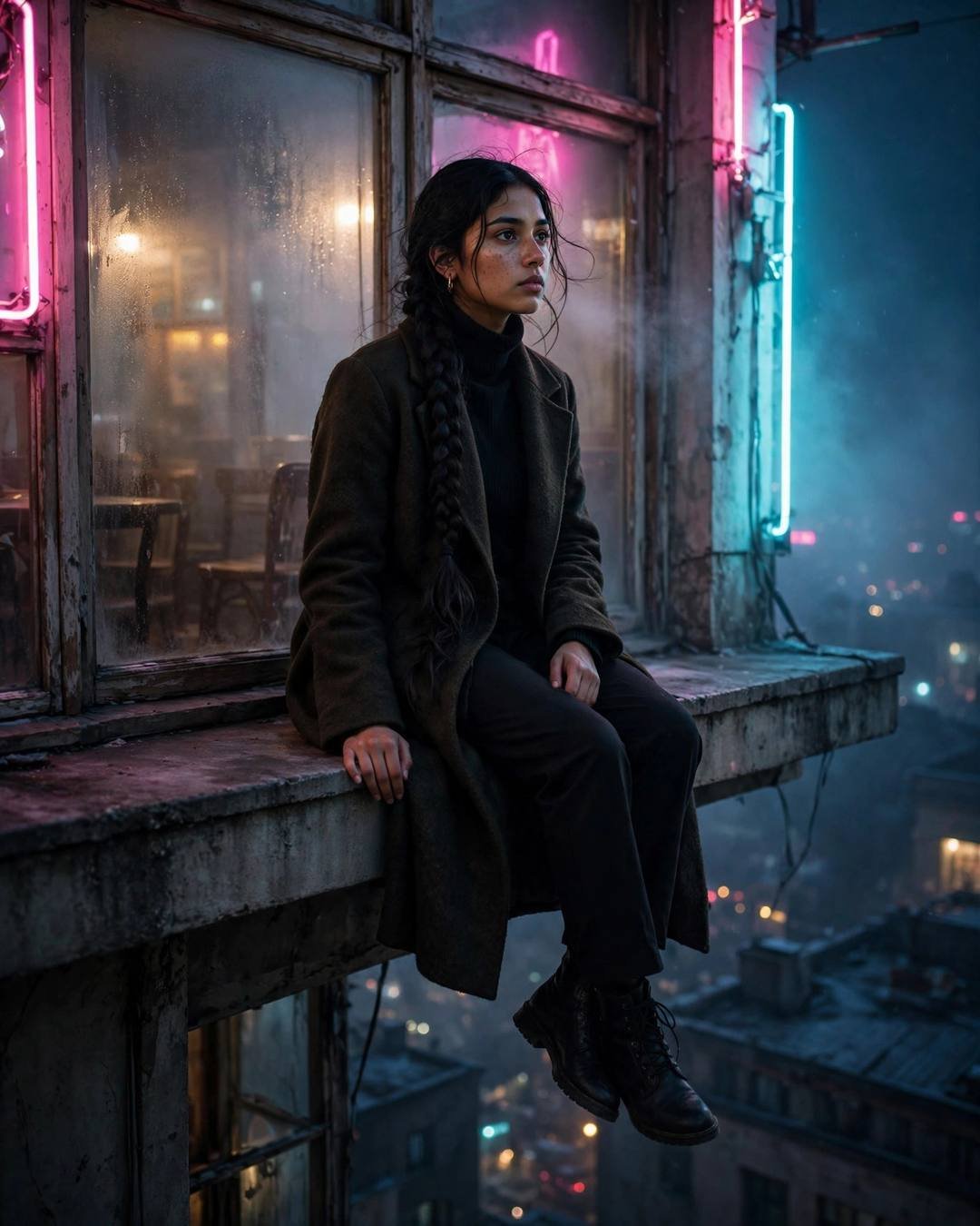 Young Indian woman in a black turtleneck and long coat sitting on a rooftop ledge at night, neon pink and cyan signs glowing beside a fogged cafe window