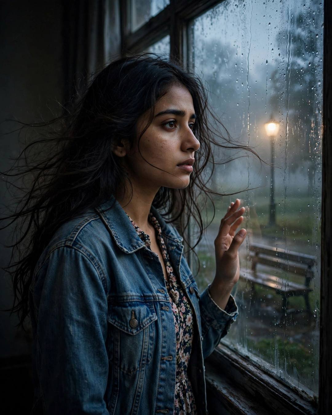 Young Indian woman in a denim jacket over a floral dress standing at a rain-streaked window with one hand on the glass, a lone lamp glowing in the fogged park outside