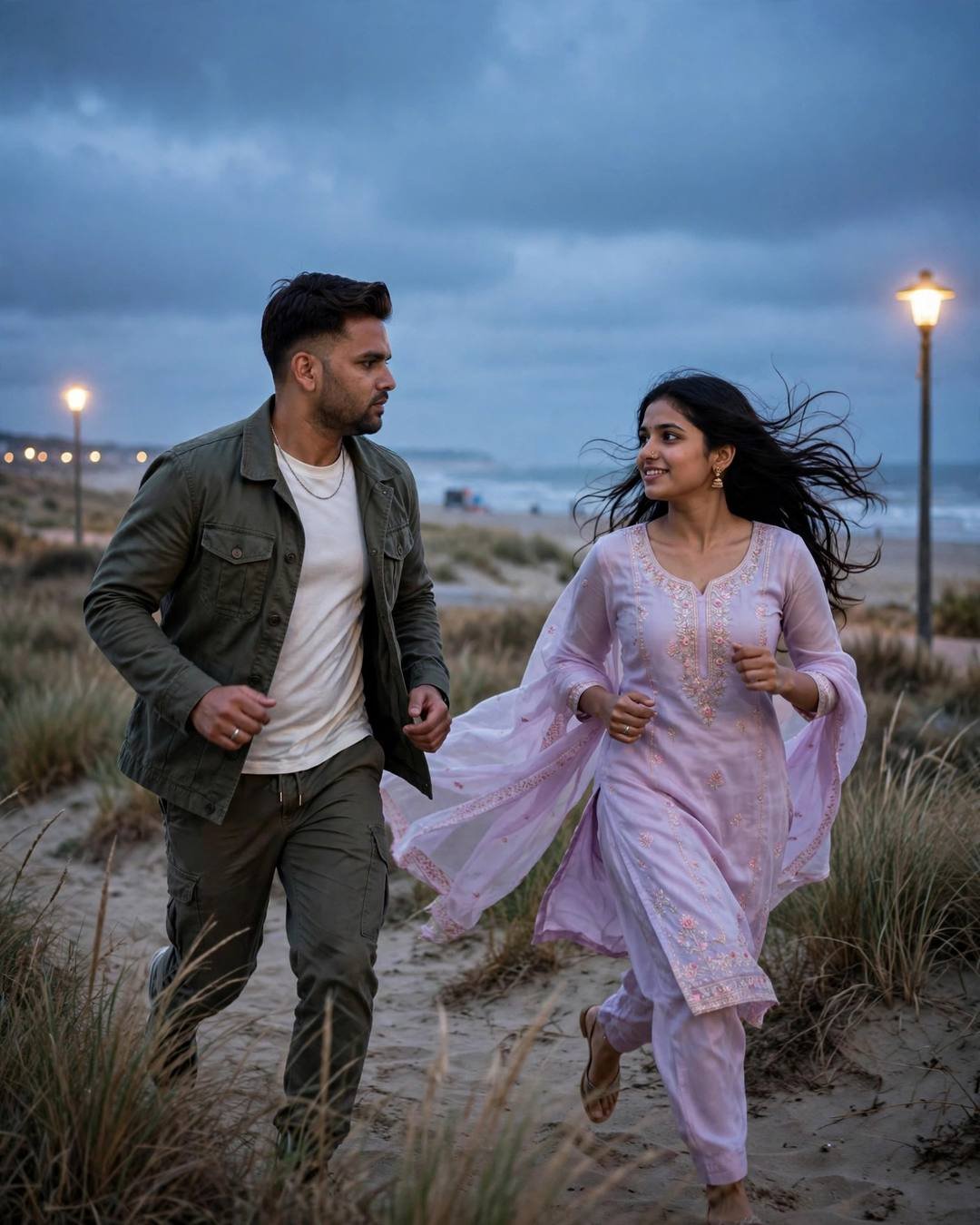 Couple running together on a beach at blue hour, man in olive field jacket, woman in pastel salwar-kameez with flying dupatta