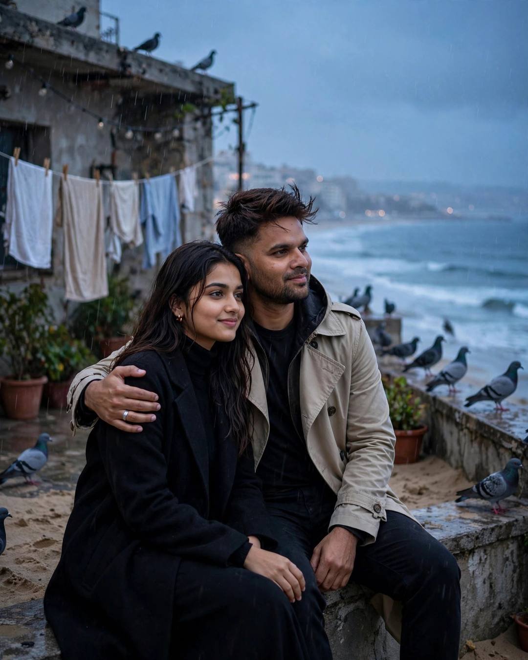 Couple sitting close on a seaside terrace ledge at blue hour, man in beige trench coat with arm around woman in black coat, pigeons nearby