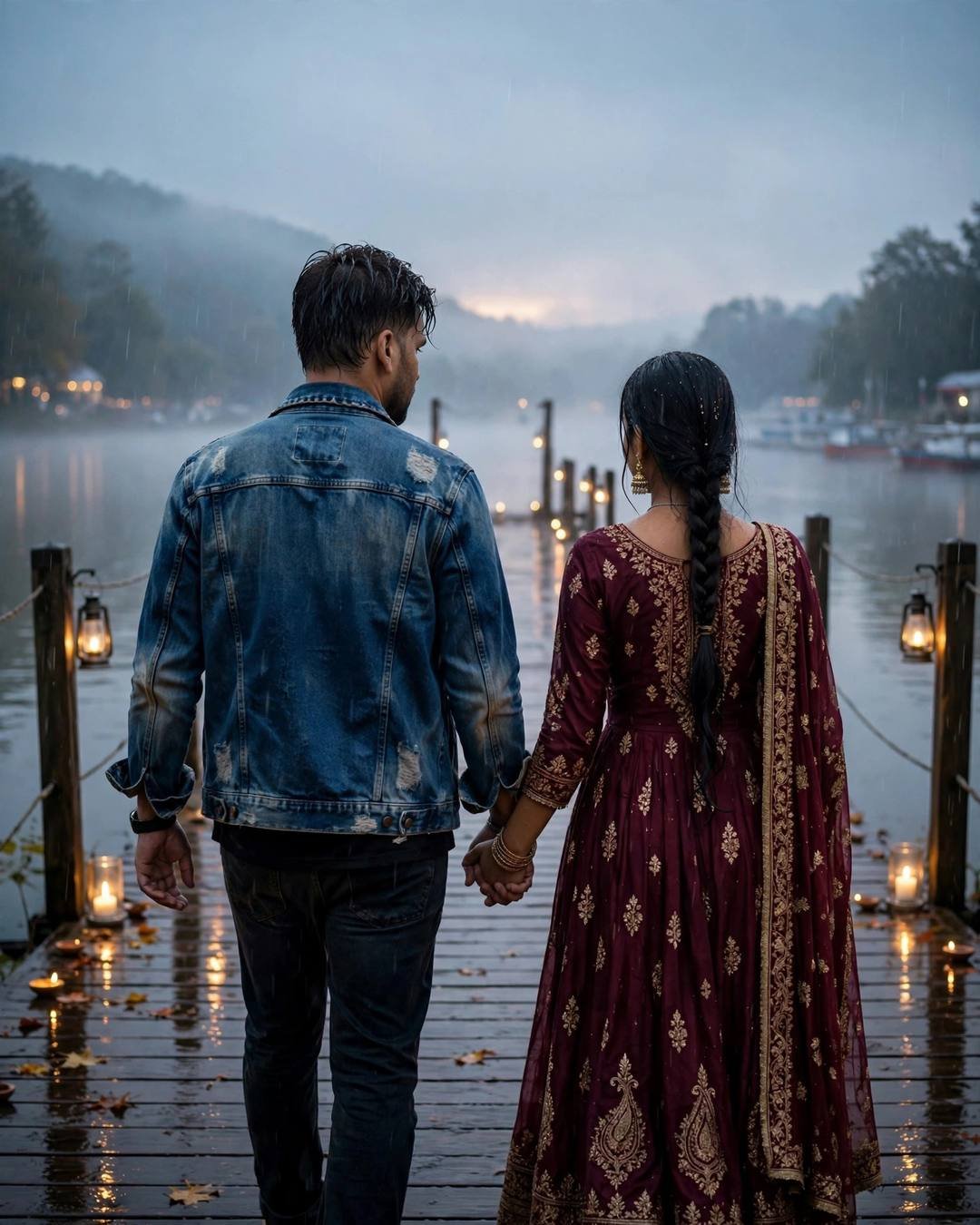 Couple walking hand in hand away down a lantern-lit lake pier at dawn, man in denim jacket, woman in maroon anarkali