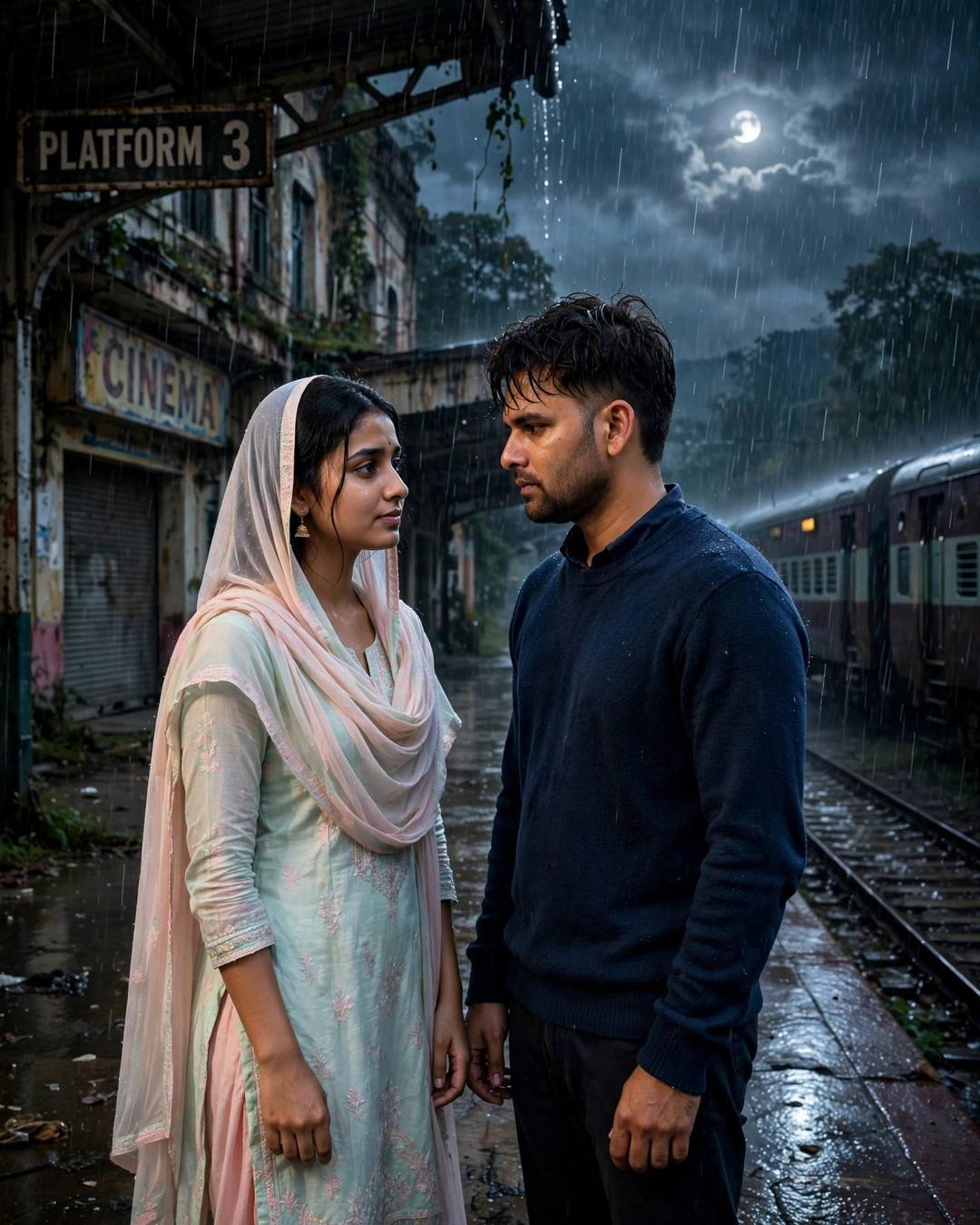 Couple facing each other on a rainy railway platform at night under moonlight, man in navy sweater, woman in pastel salwar-kameez