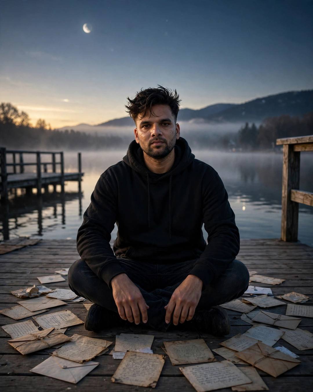Young Indian man in black hoodie sitting cross-legged among old letters on a lake pier at dawn under moonlight