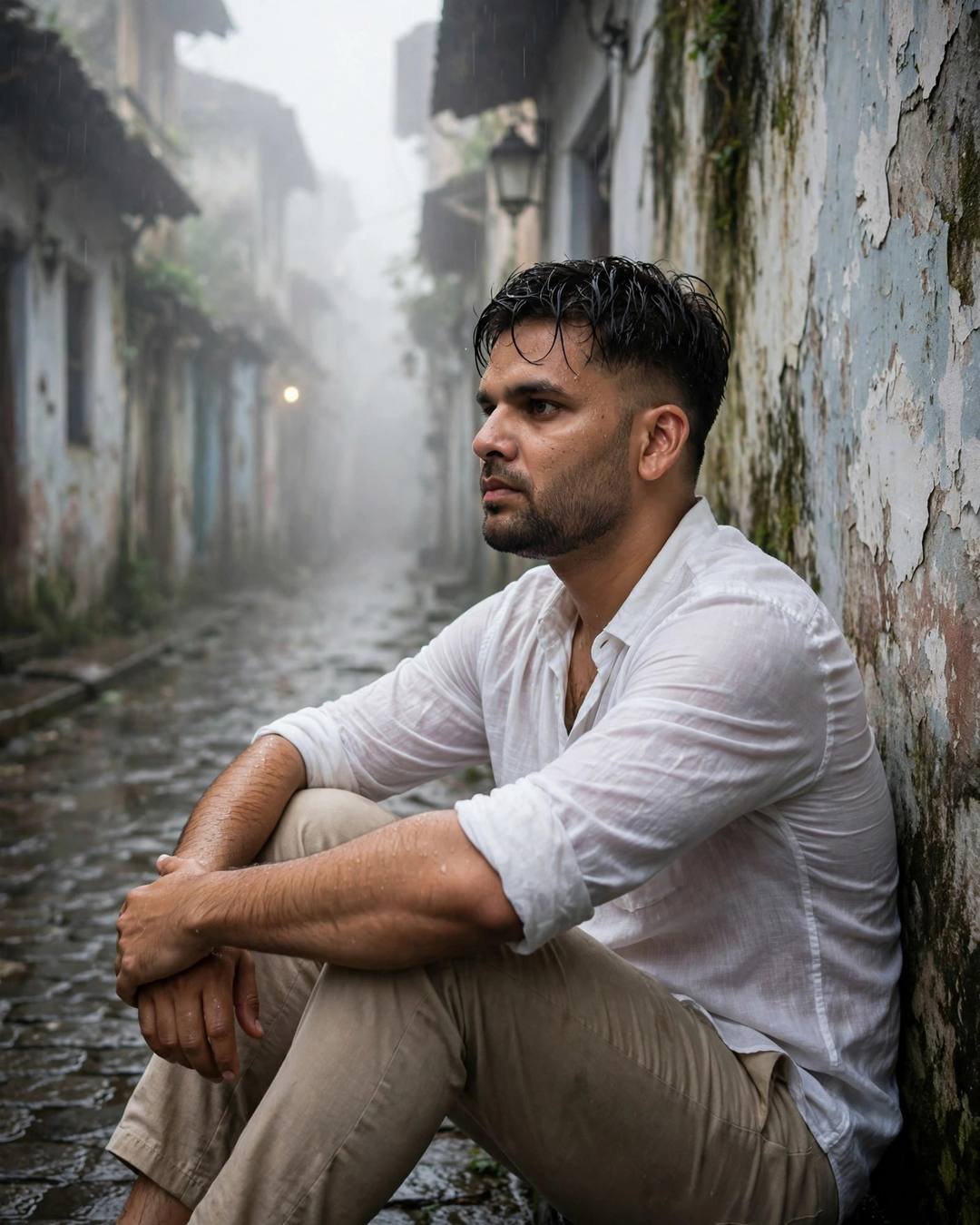 Young Indian man in white linen shirt sitting with knees drawn up in a foggy old-city lane with peeling walls