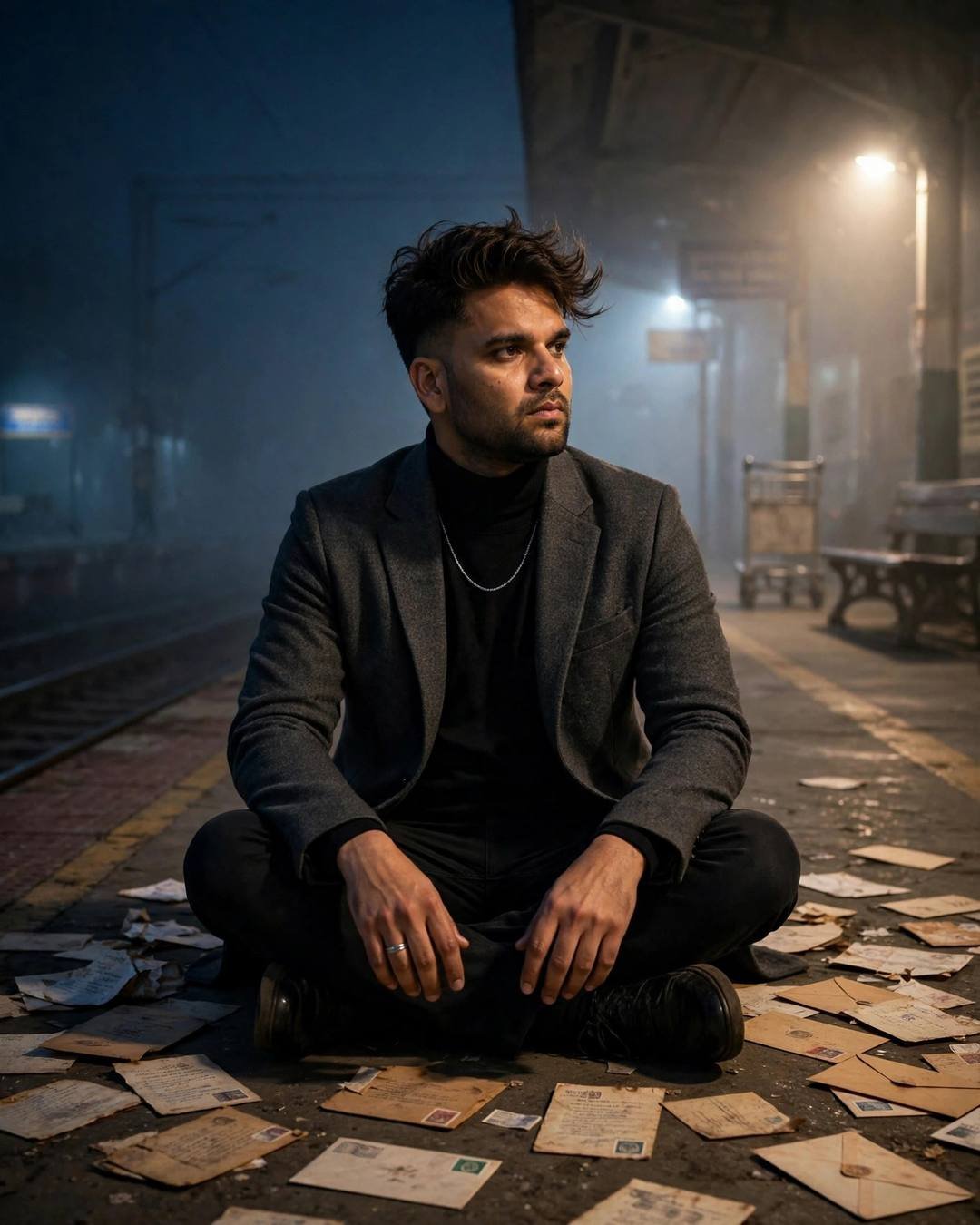 Young Indian man in charcoal blazer sitting cross-legged among old letters on a foggy railway platform at midnight