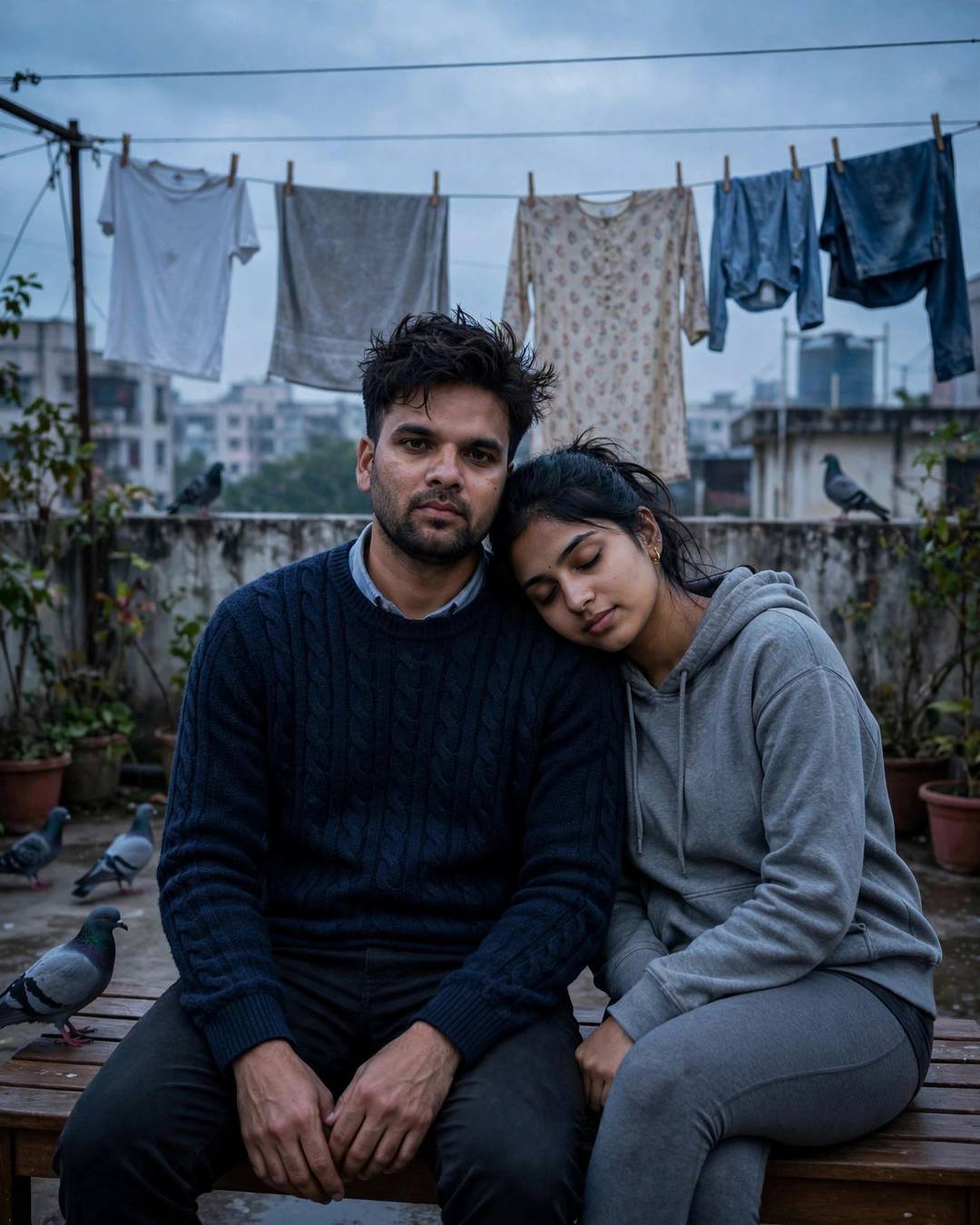 Young couple sitting close on a terrace at dawn, the woman resting her head on the man's shoulder, clotheslines and pigeons around them