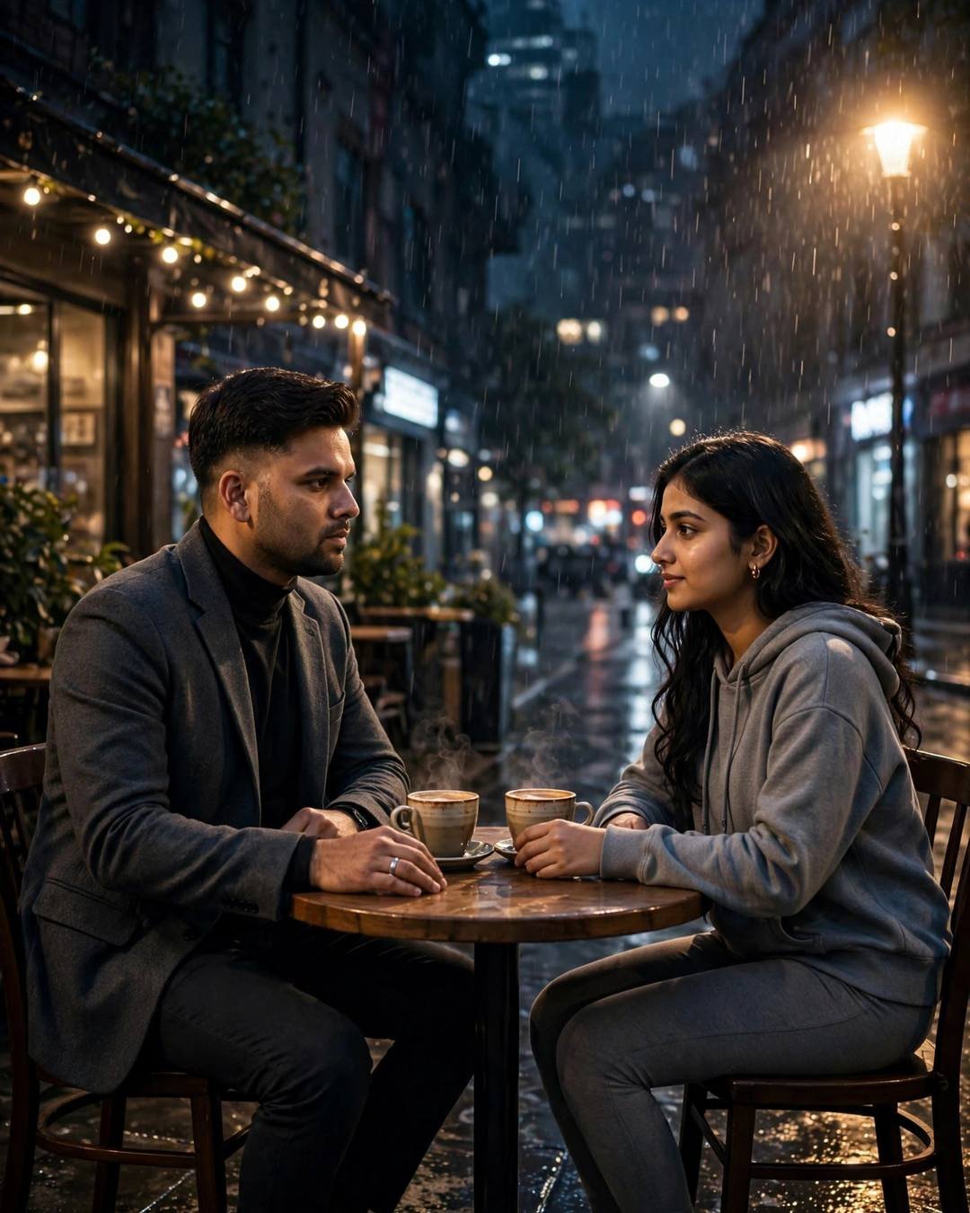 Couple sitting across a small cafe table in the rain at night, man in charcoal blazer, woman in grey hoodie, steaming cups