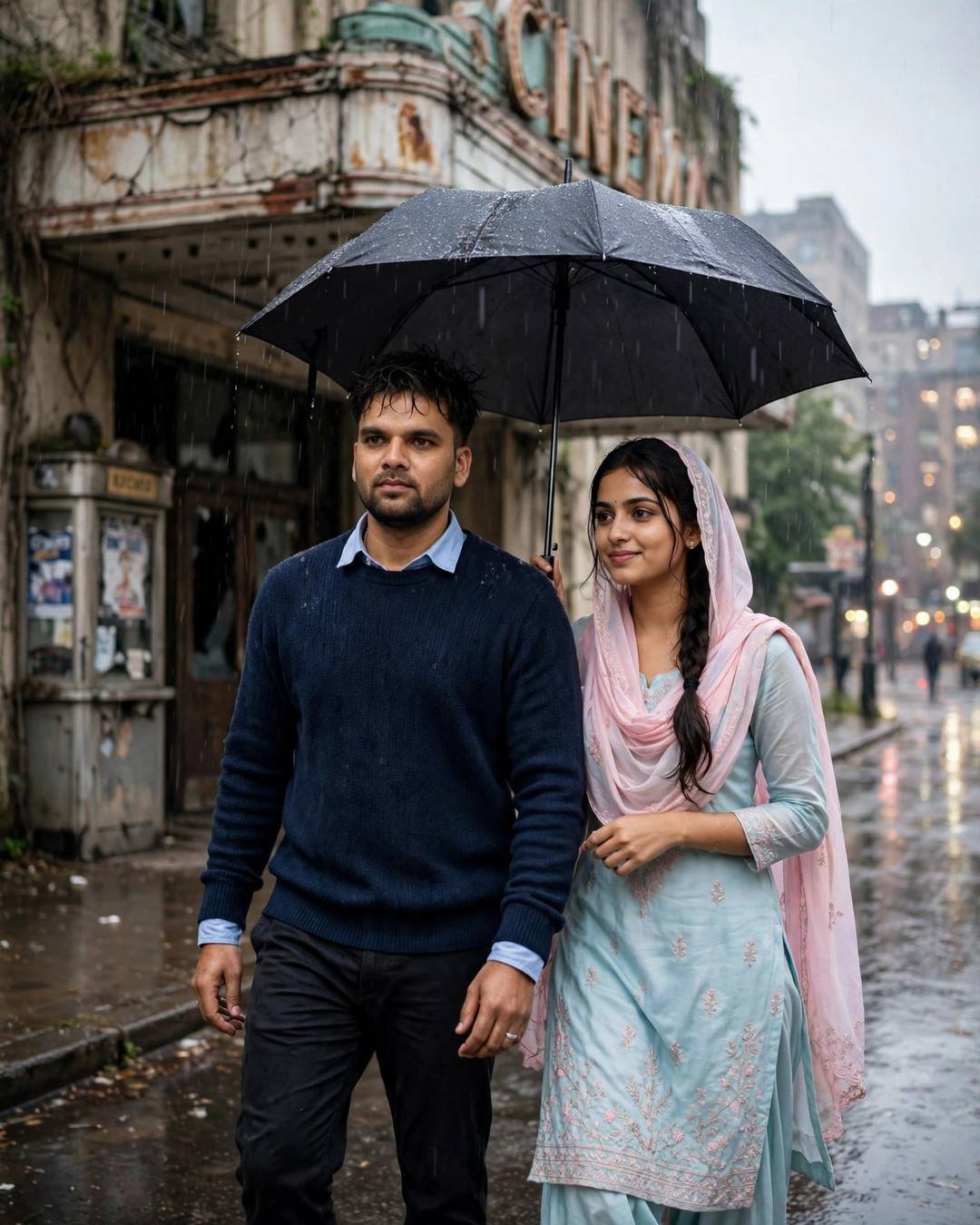 Young couple walking under one umbrella outside an abandoned cinema hall in light rain, shoulders touching