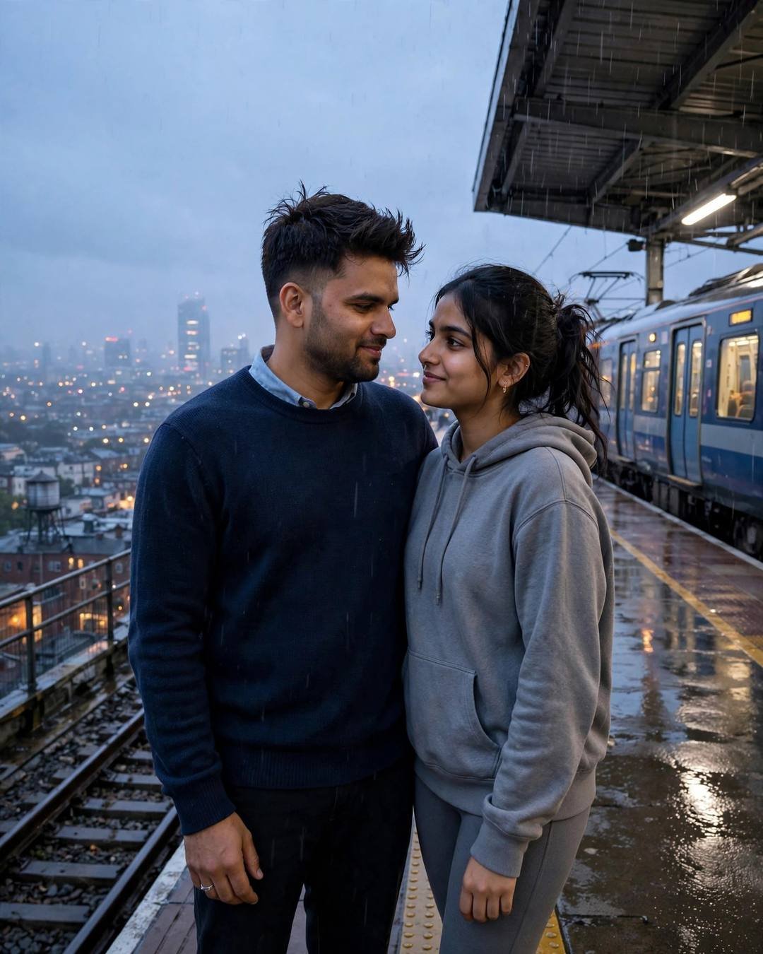 Young couple standing close on a rainy railway platform at blue hour, train waiting, city lights behind them