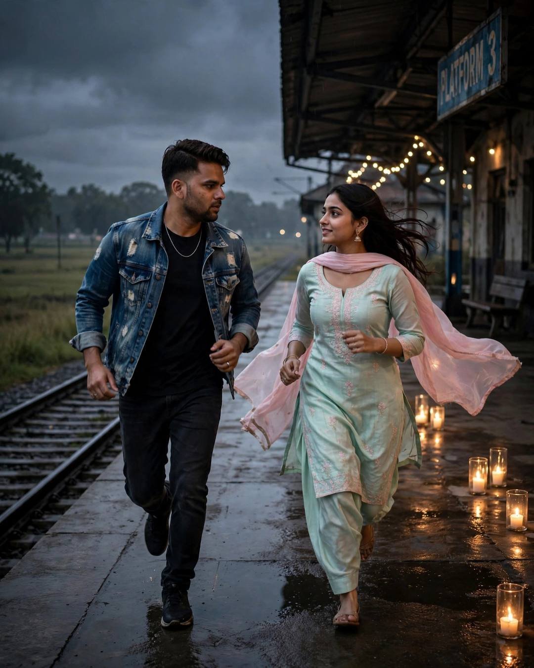Young couple running toward each other on a rain-wet railway platform at dusk, fairy lights overhead, candles along the platform edge