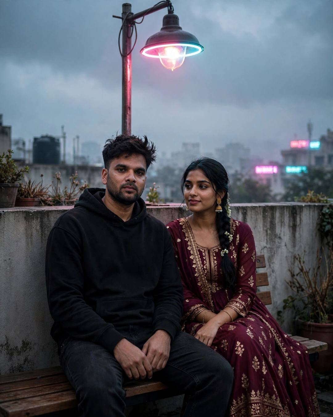 Young couple sitting close on a rooftop bench at dawn under a lone lamp with neon pink and cyan light