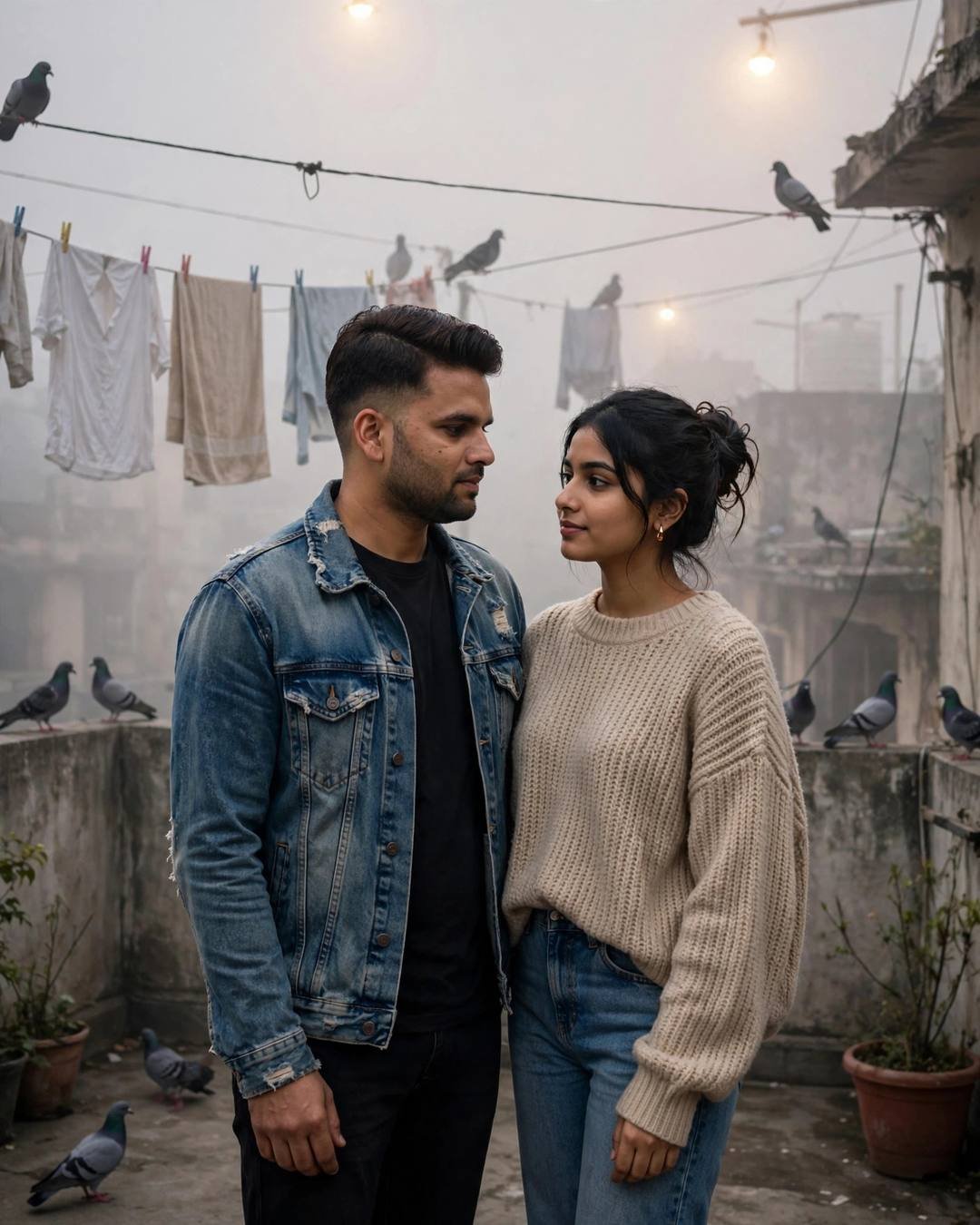 Young couple standing close on a foggy rooftop terrace at dawn, looking at each other, drying clothes and pigeons around them