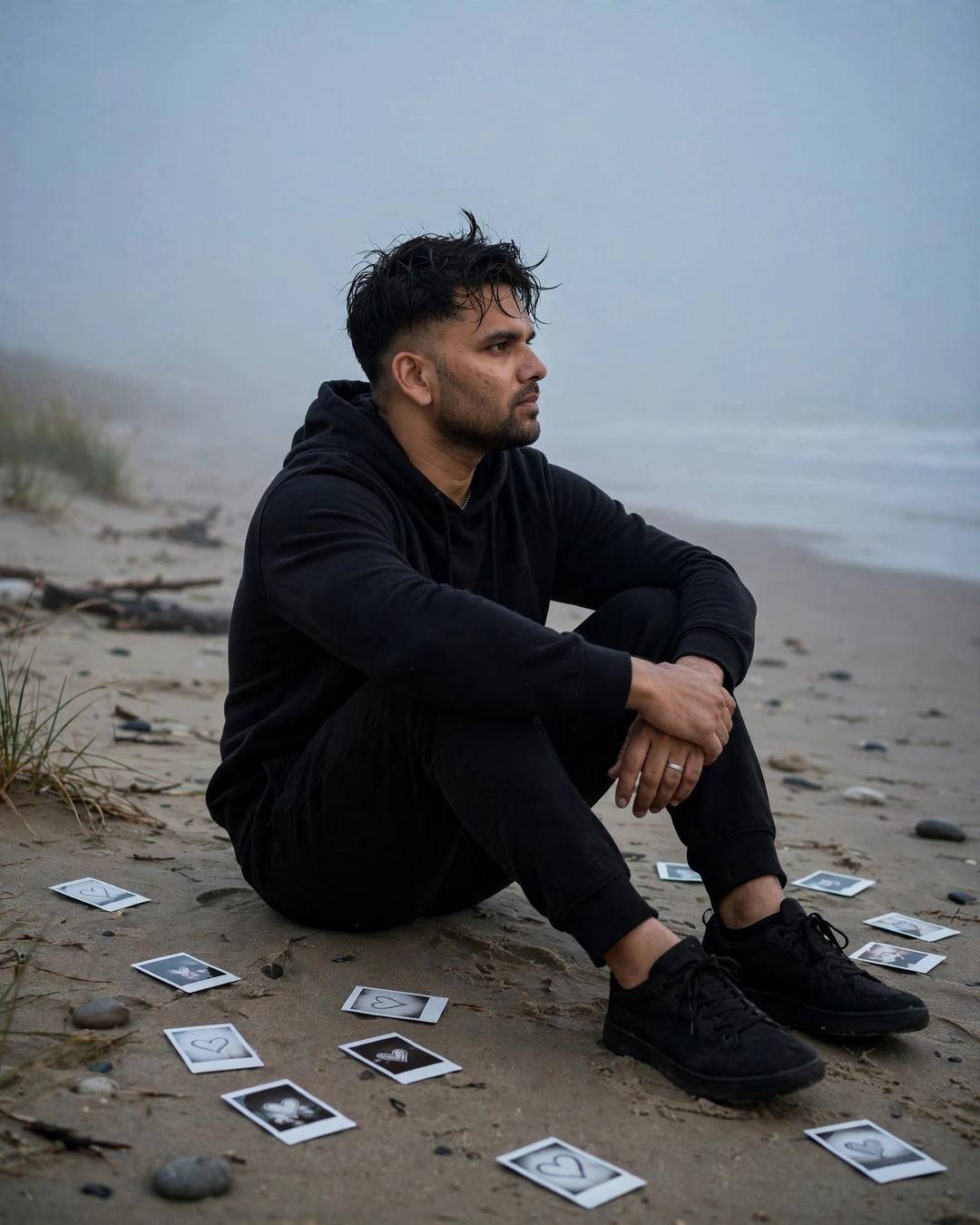 Young man in black streetwear sitting alone on a foggy beach at dusk, heart polaroids scattered on the sand around him