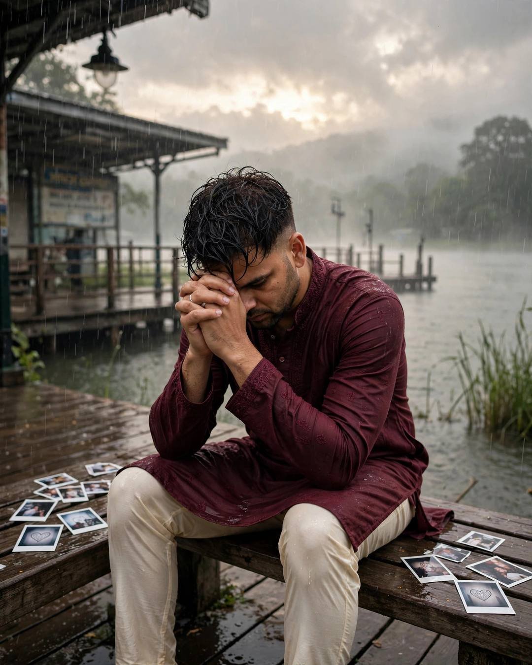 Young man in maroon kurta sitting on a bench at a rain-soaked lake pier at dawn, head in his hands, polaroids scattered nearby
