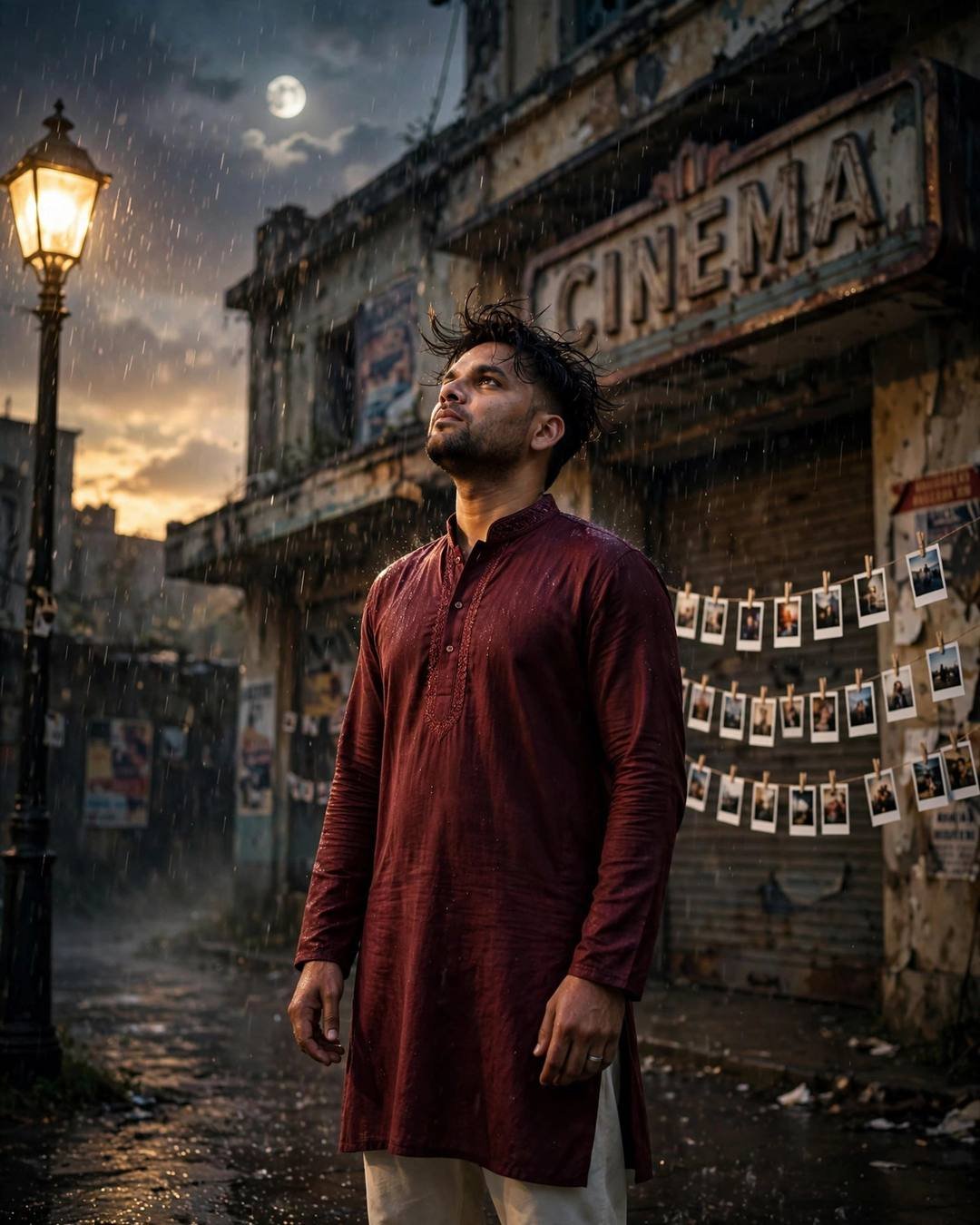 Young man in maroon kurta standing under a streetlamp in the rain outside an abandoned cinema, face lifted to the moon, polaroids strung nearby