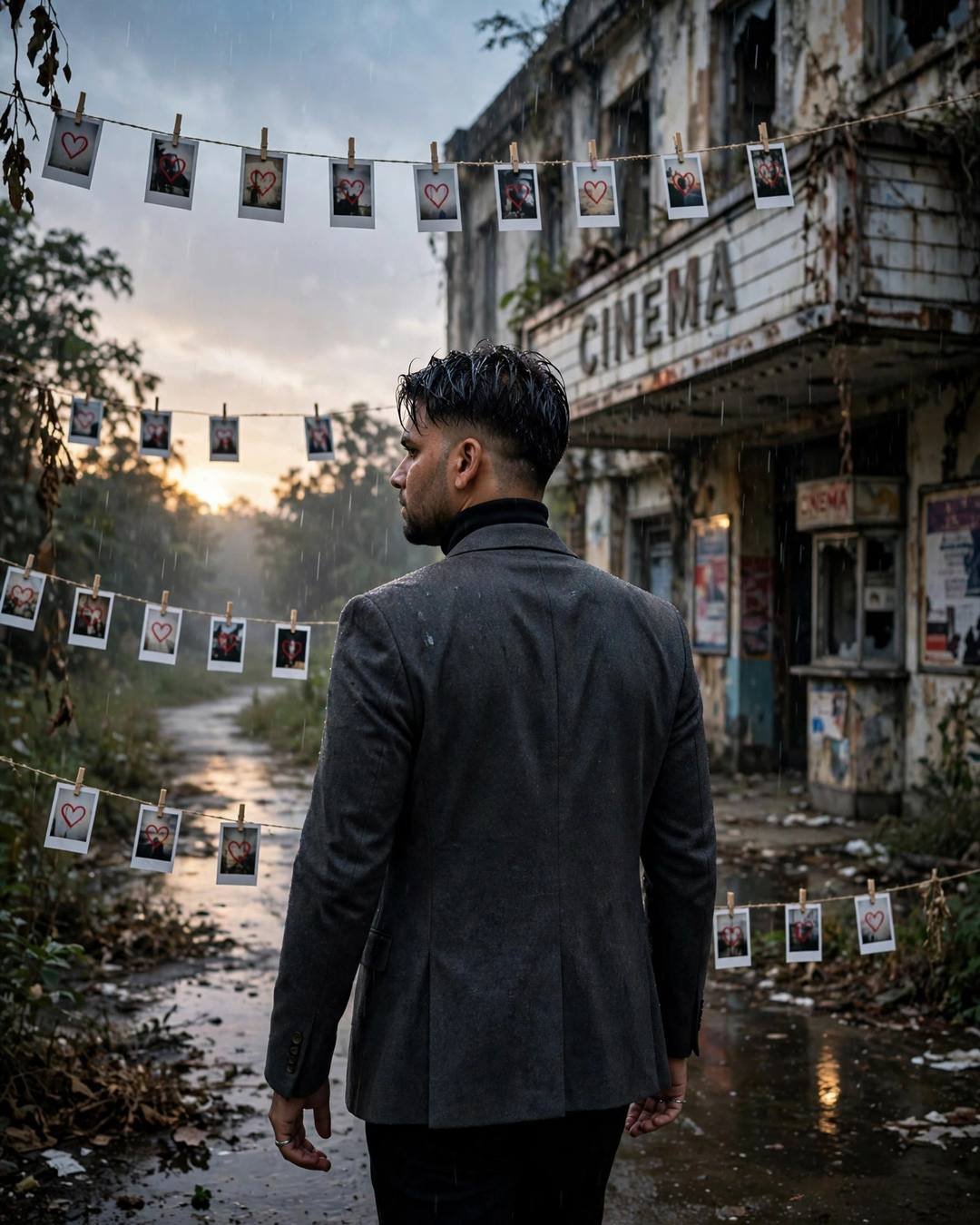 Young man in charcoal blazer walking away from an abandoned cinema down a rain-wet path, heart polaroids strung on lines