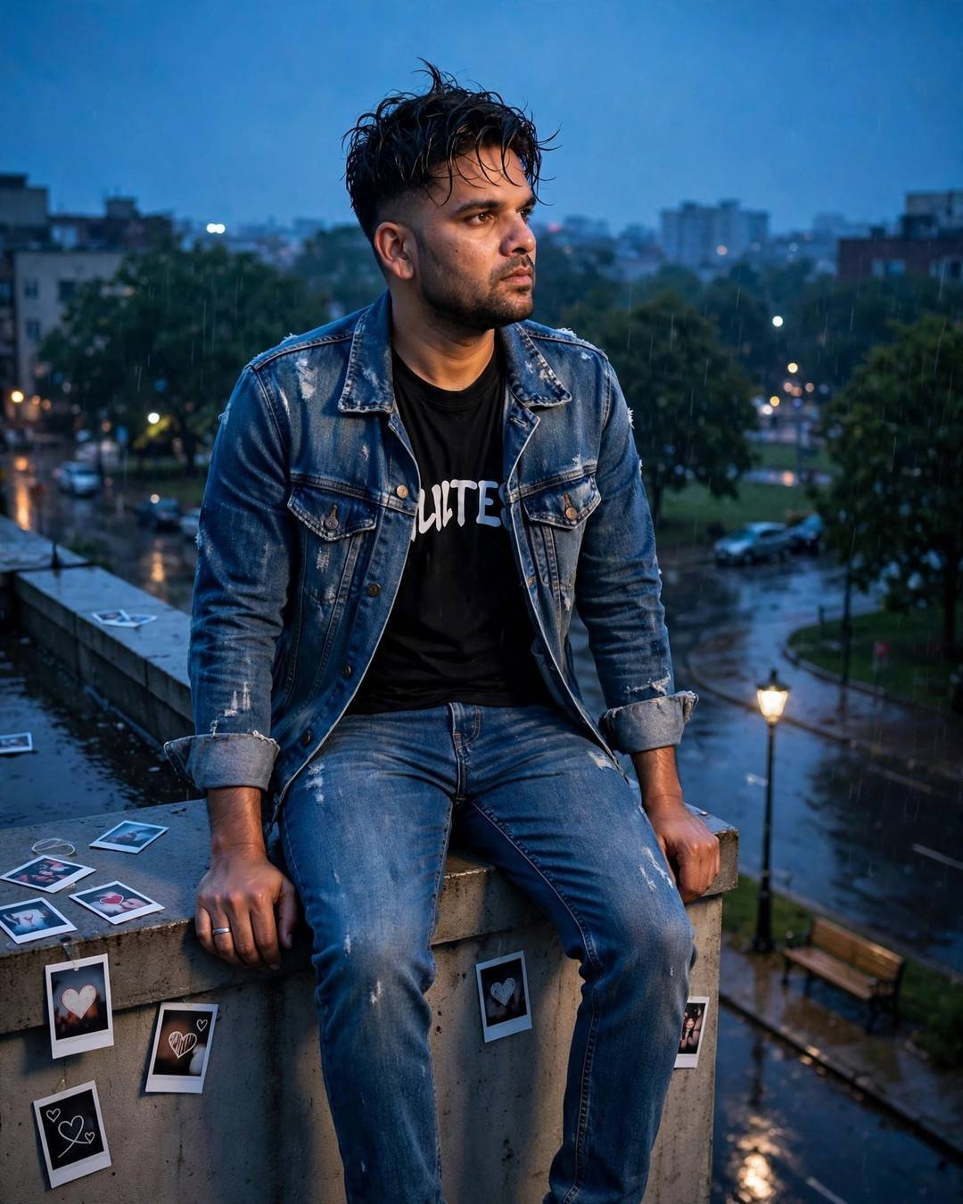 Young man in denim jacket sitting on a rooftop ledge at blue hour, heart polaroids stuck around him, wet city streets below