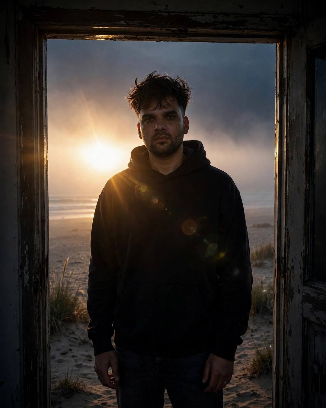 Young man in black hoodie standing in a doorway before a foggy deserted beach glowing with golden backlight