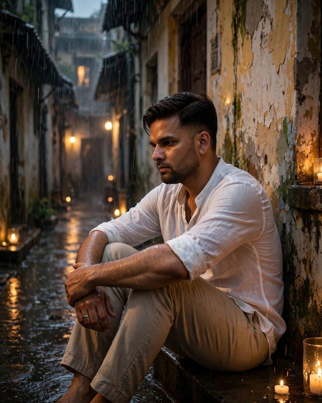 Young man in white linen shirt sitting with knees drawn up in a rain-soaked old lane with candlelight