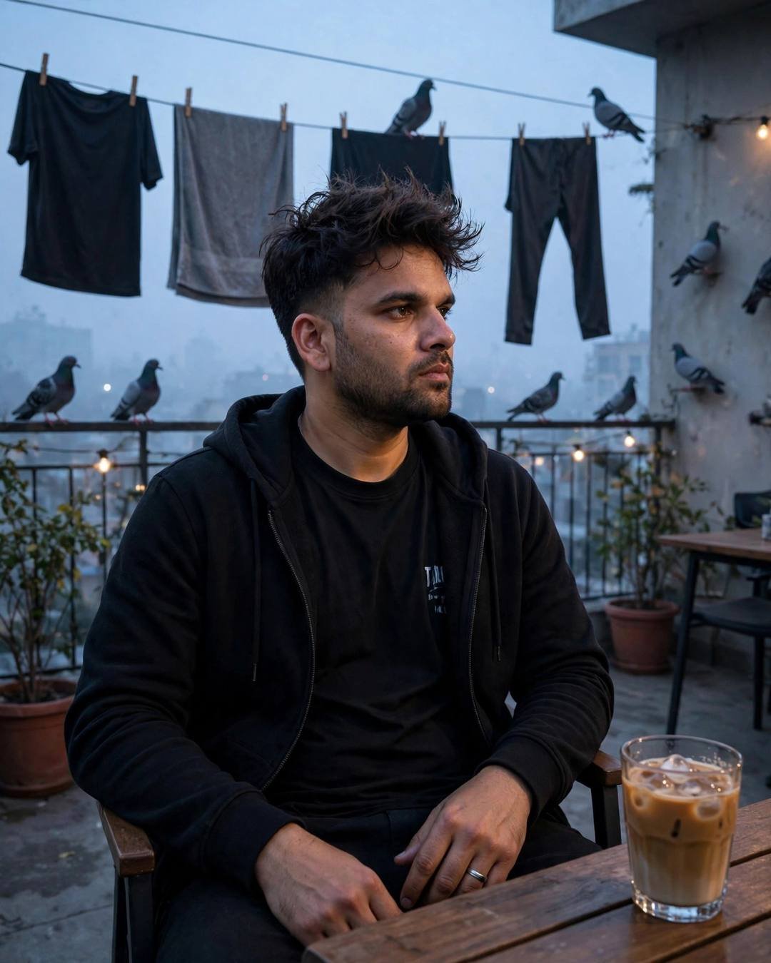 Young man in black streetwear sitting at a rooftop cafe table at blue hour with two cups, city lights below