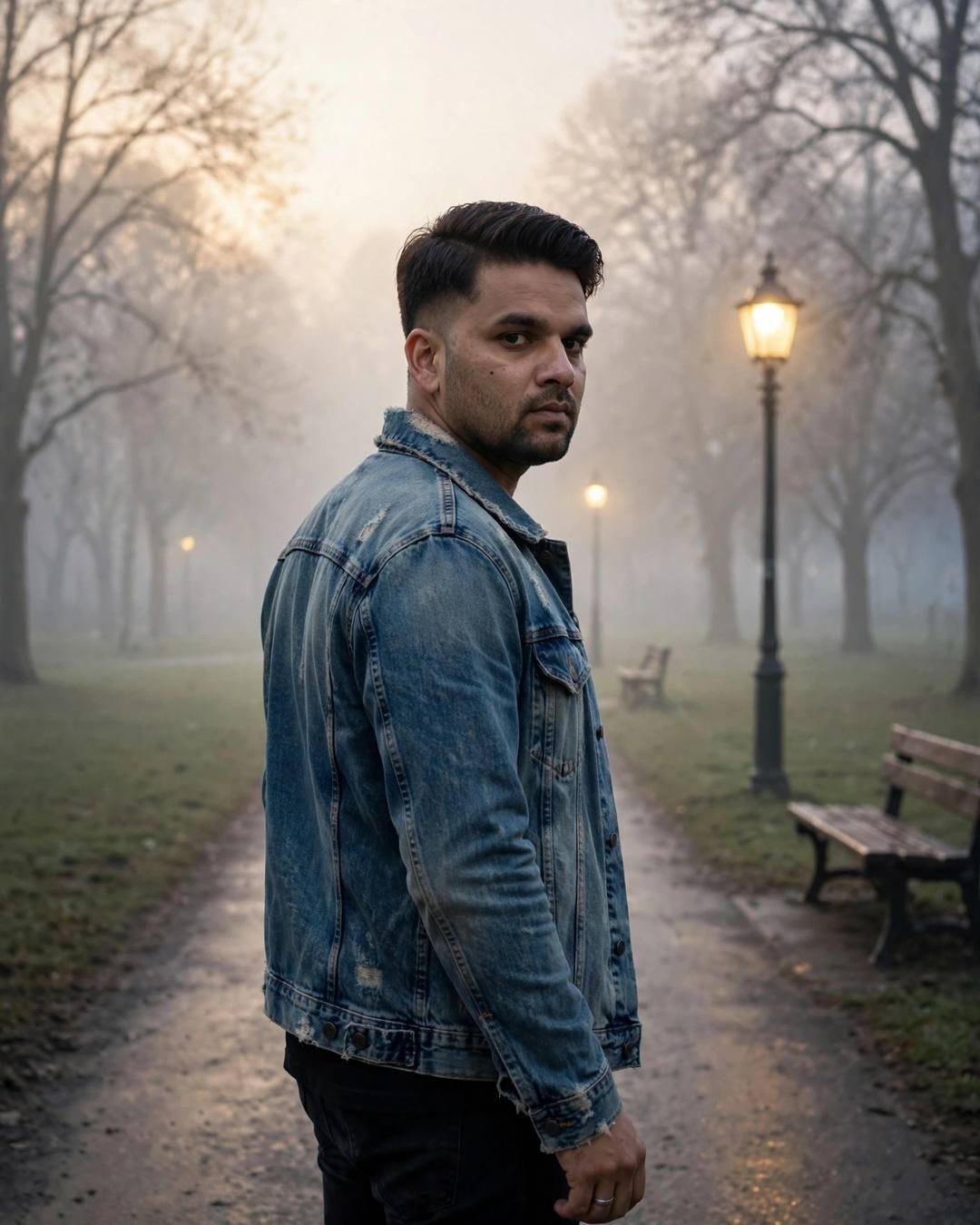 Young man in denim jacket walking away on a foggy park path, turning to look over his shoulder at the camera