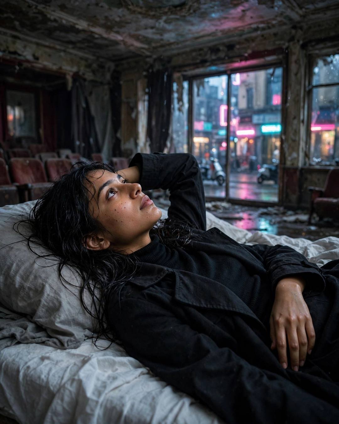 Young Indian woman in black turtleneck lying on a bed in an abandoned cinema hall, neon lights glowing through rain-streaked windows