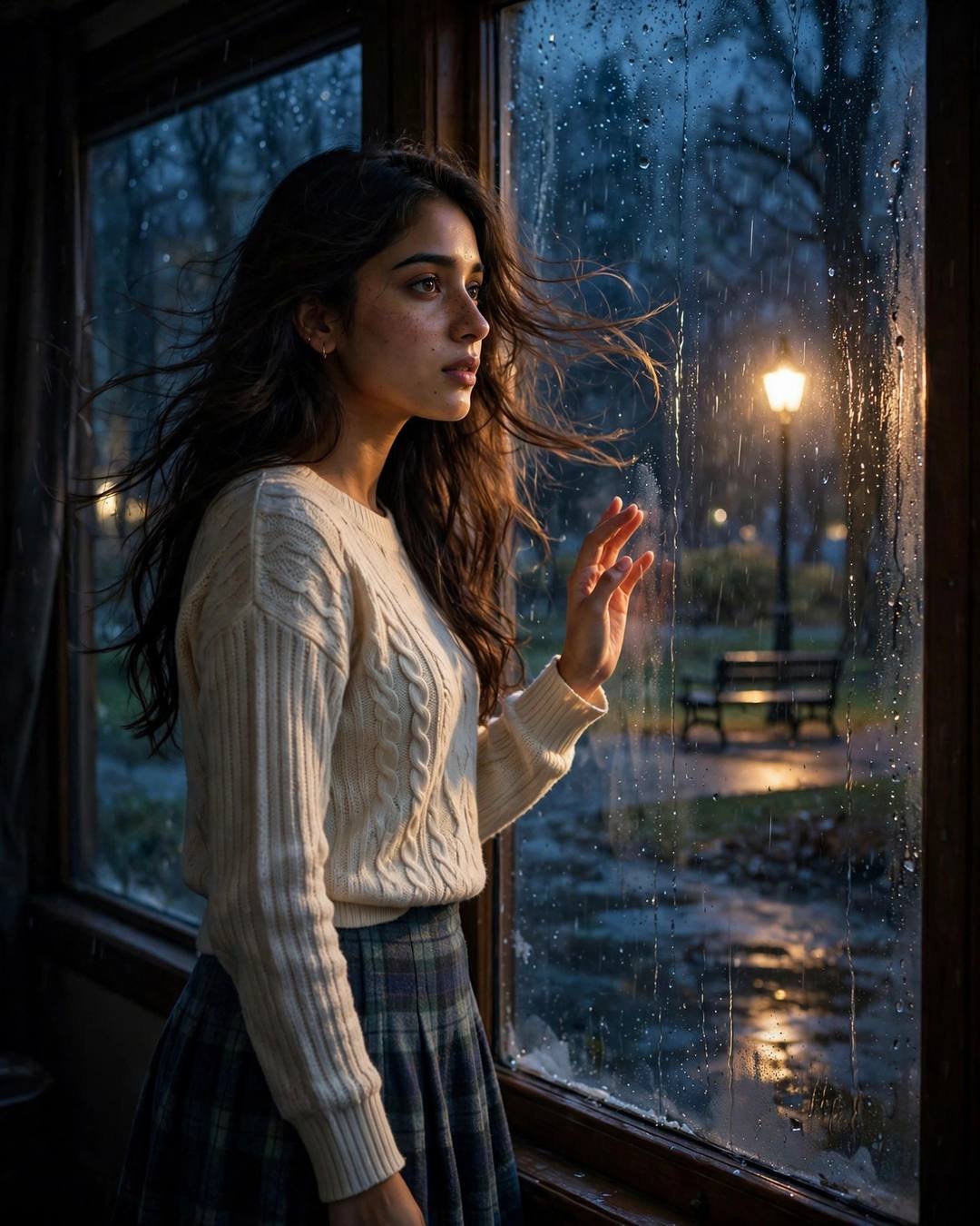 Young Indian woman in cream knit top and plaid skirt standing at a rain-streaked window, one hand on the glass