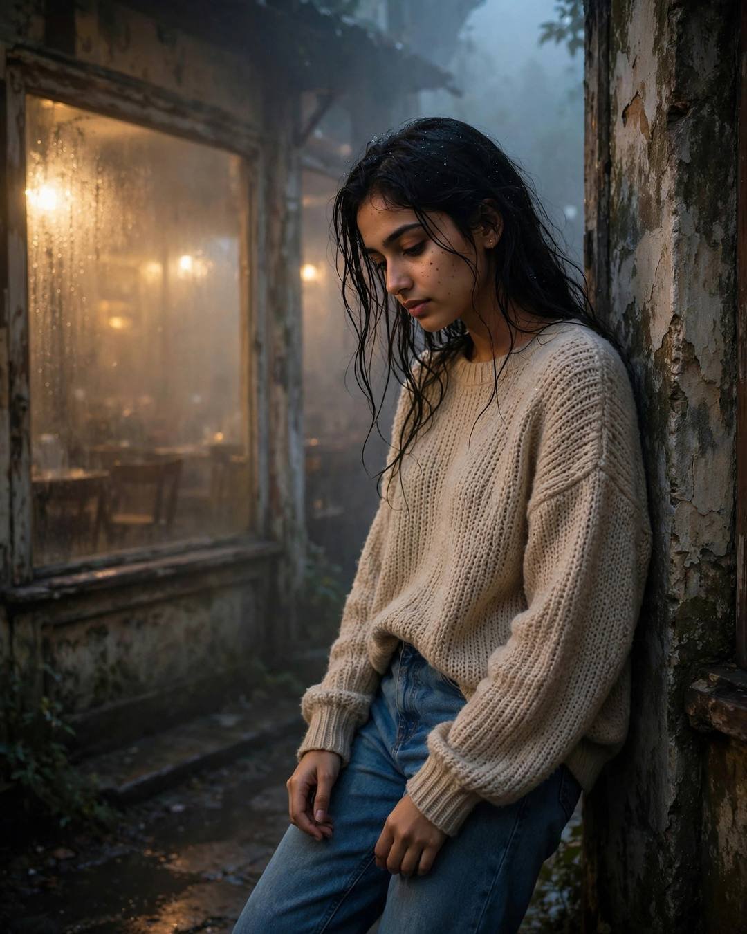 Young Indian woman in oversized beige sweater and jeans leaning against a weathered wall in fog beside a glowing cafe window