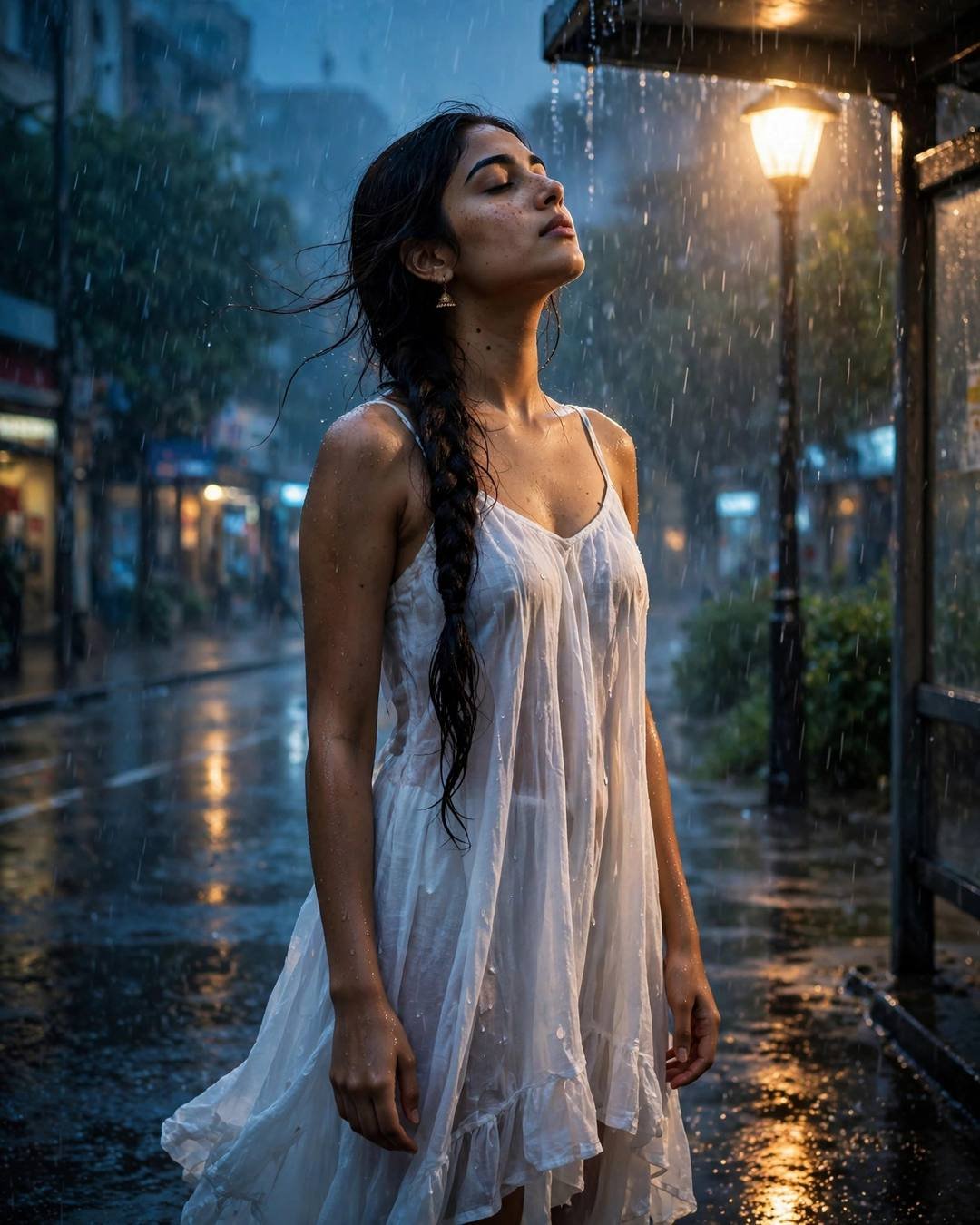 Young Indian woman in flowing white dress standing under a streetlamp in the rain at a bus stop, face lifted to the sky