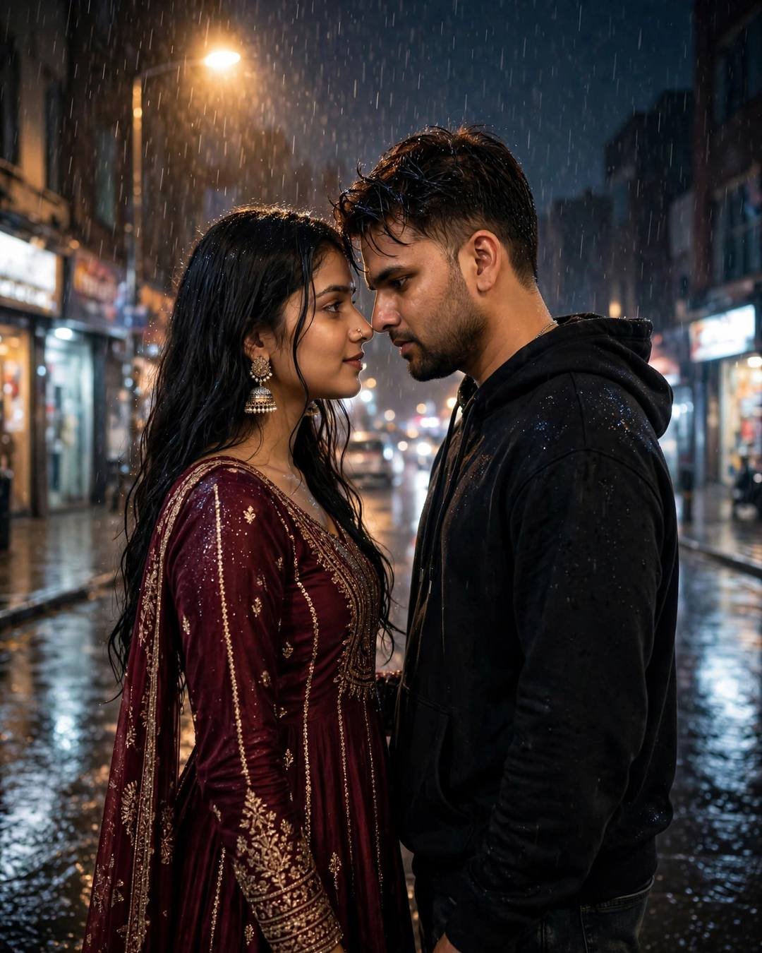 Couple standing face to face with foreheads almost touching on a rain-soaked city street at midnight